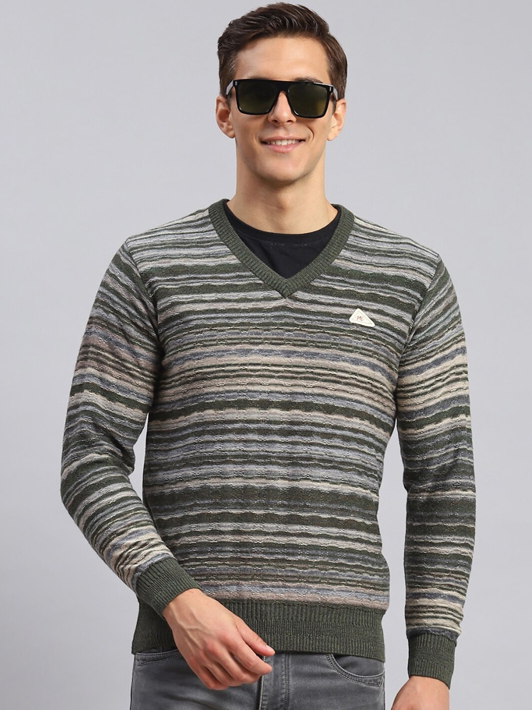 

Monte Carlo Striped V-Neck Pullover Sweater, Green