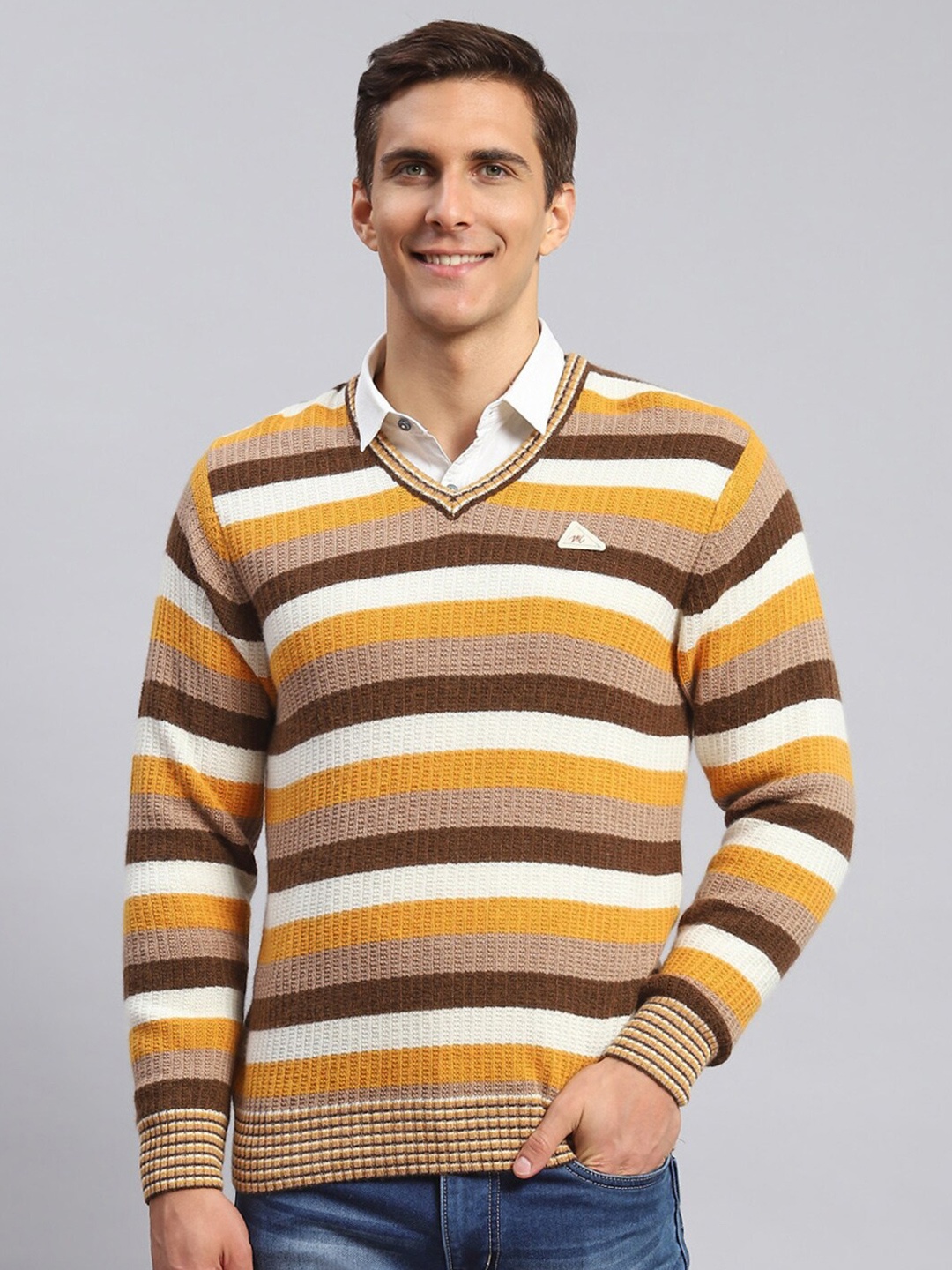 

Monte Carlo Striped Ribbed Woollen Pullover, Brown
