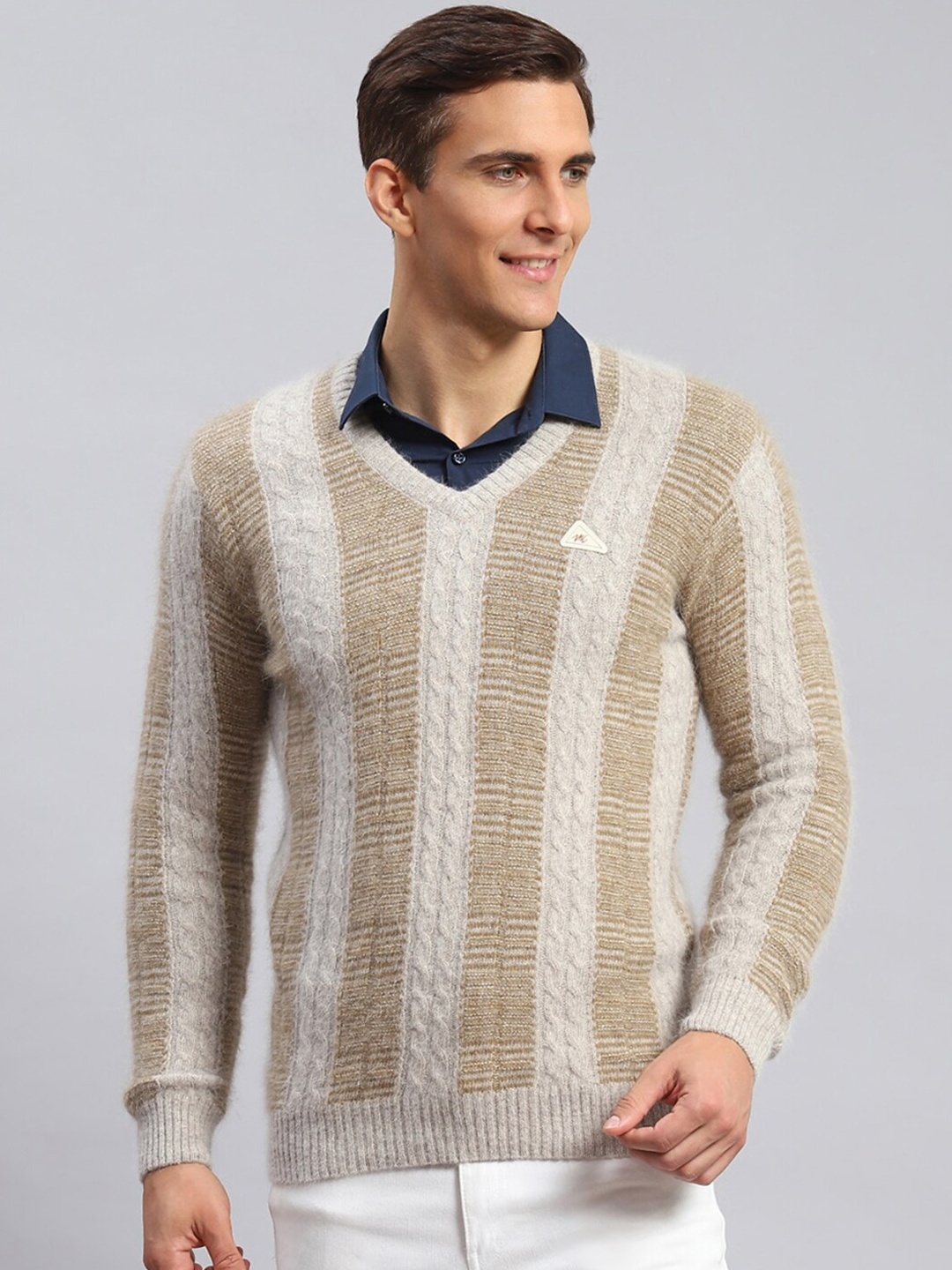 

Monte Carlo Striped Ribbed Knitted Woollen Pullover, Brown