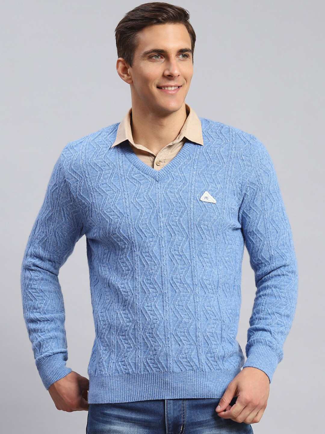 

Monte Carlo V- Neck Cable Knit Ribbed Woollen Pullover, Blue