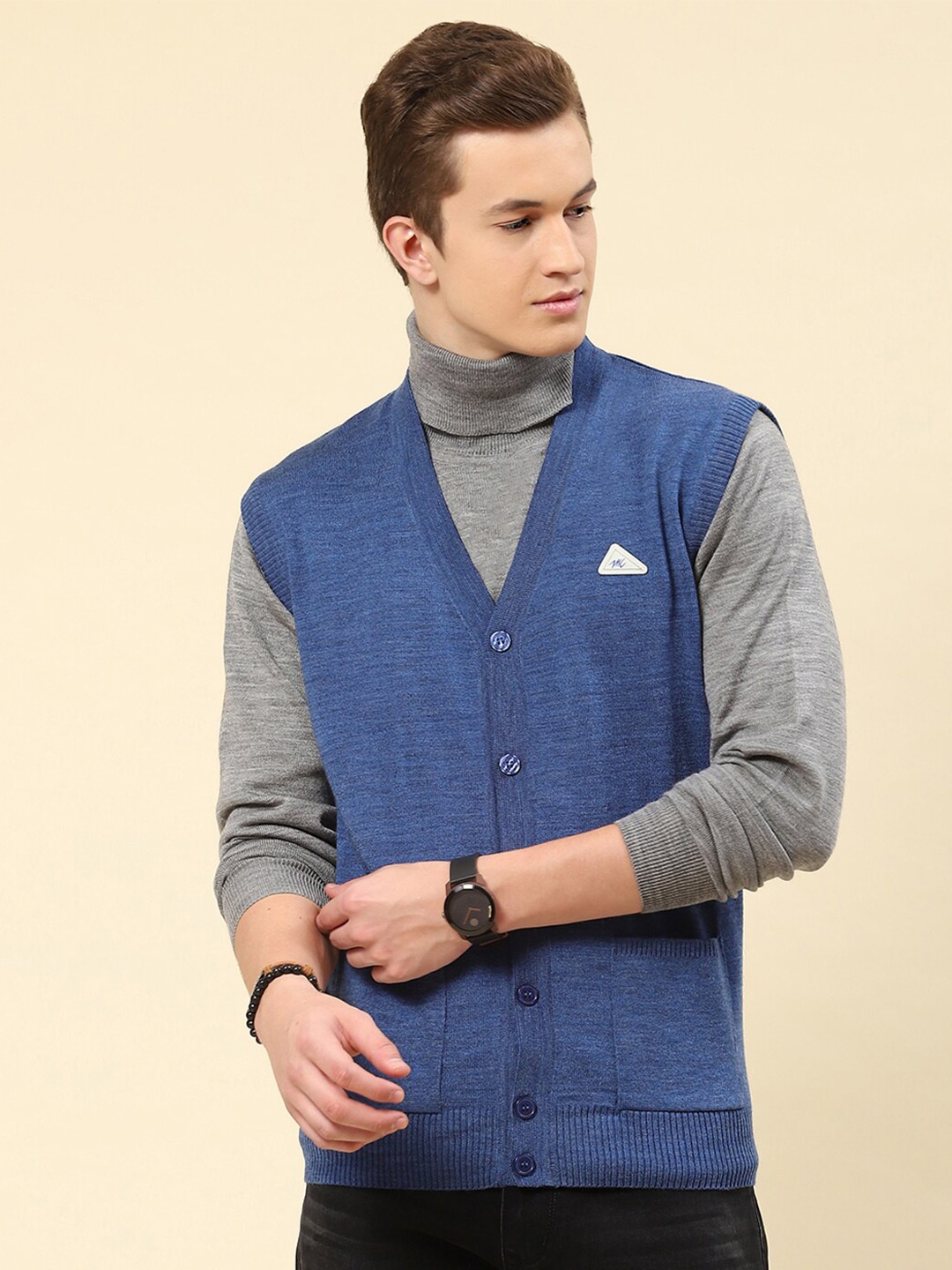 

Monte Carlo V- Neck Ribbed Woollen Cardigan, Blue