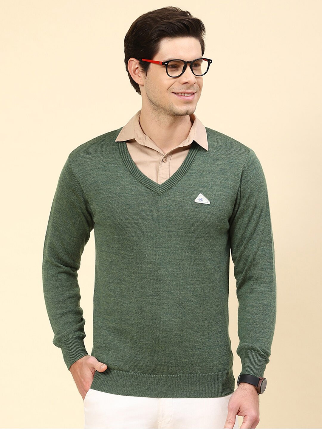 

Monte Carlo V-Neck Ribbed Pure Woollen Pullover, Green