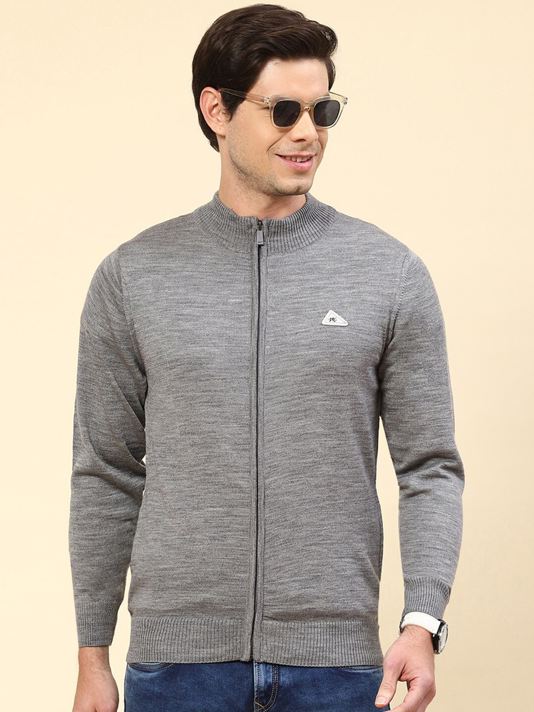 

Monte Carlo Mock Collar Long Sleeves Ribbed Woollen Pullover, Grey melange