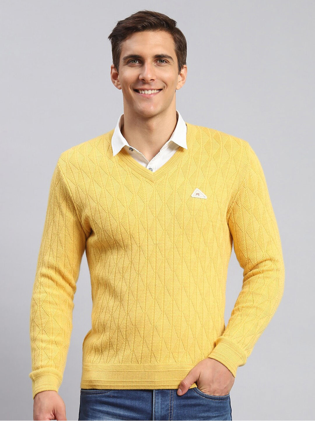 

Monte Carlo V- Neck Open Knit Ribbed Pullover, Yellow