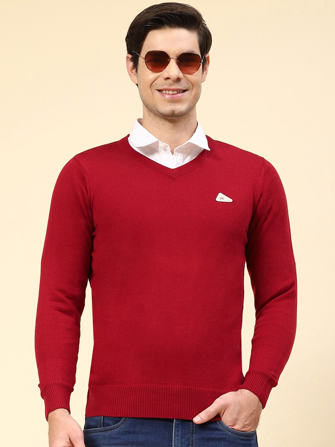 

Monte Carlo V-Neck Ribbed Woollen Pullover, Red