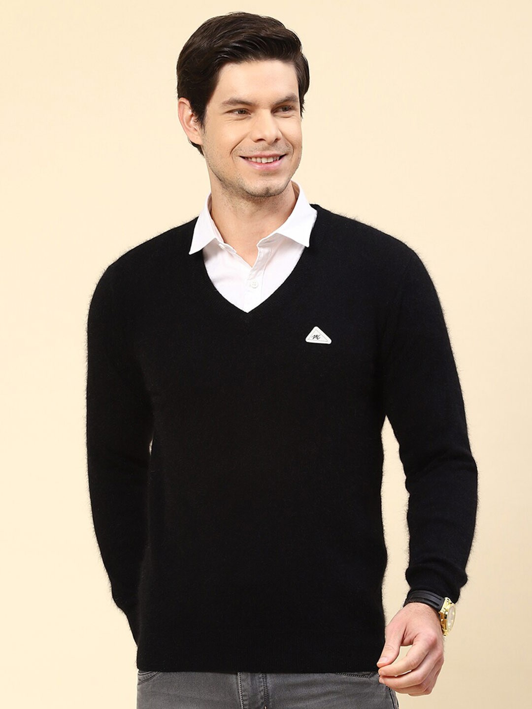 

Monte Carlo V-Neck Ribbed Woollen Pullover, Black
