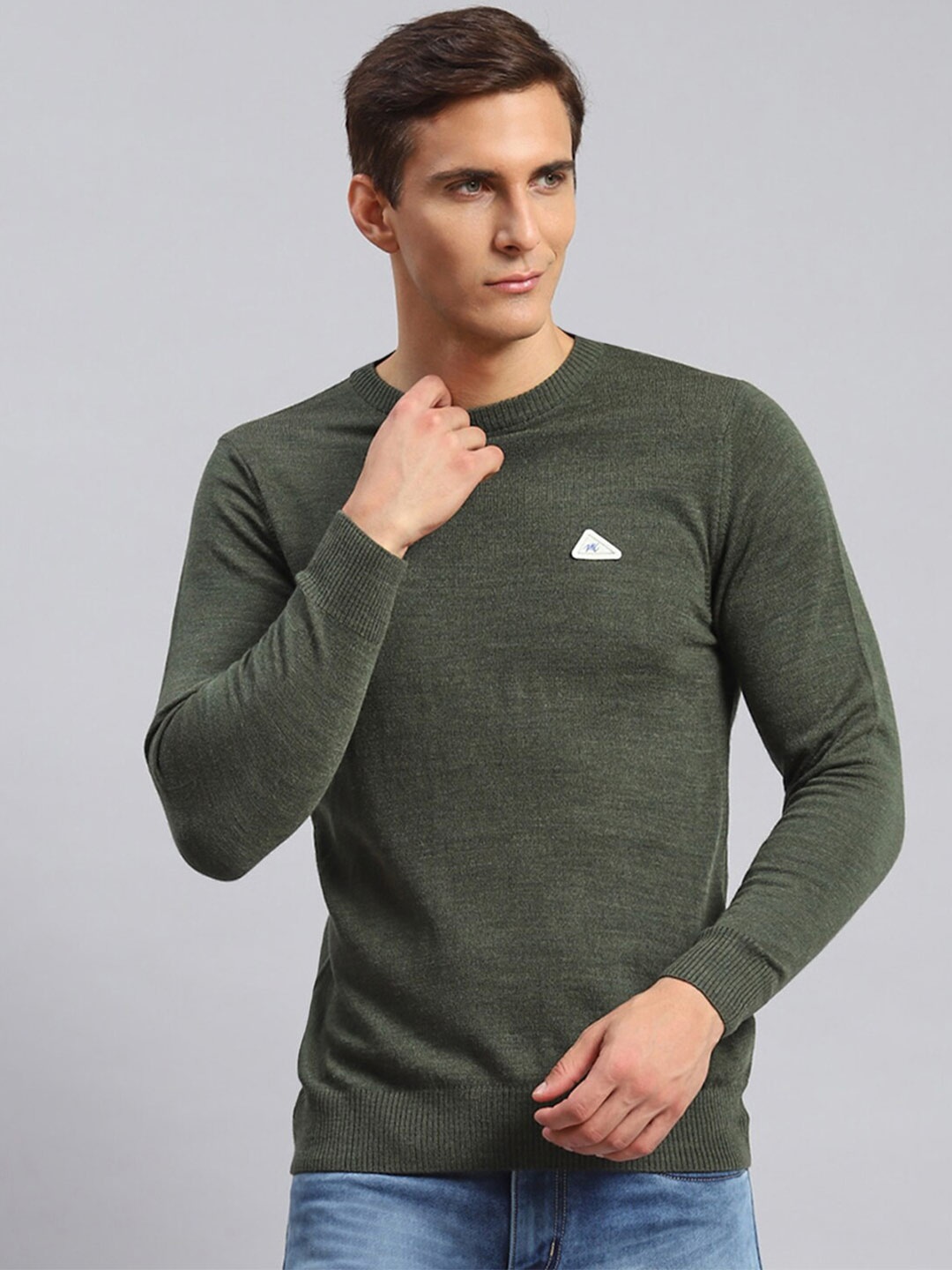 

Monte Carlo Round Neck Long Sleeves Ribbed Woollen Pullover, Green