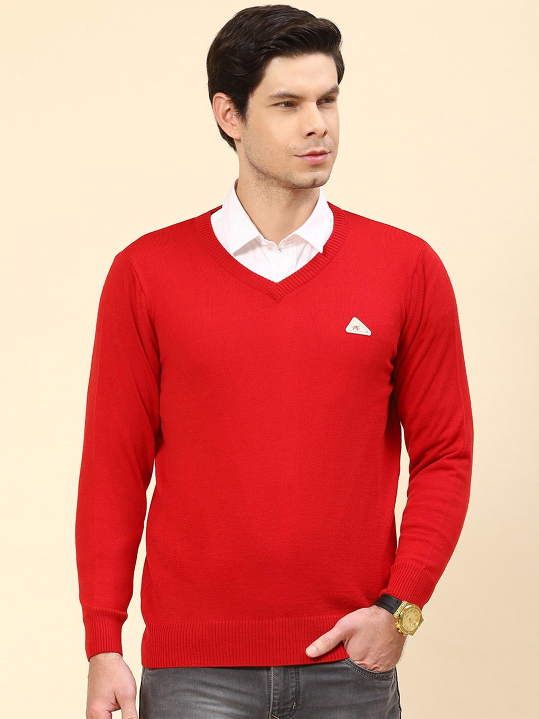 

Monte Carlo V- Neck Ribbed Knitted Pullover, Red