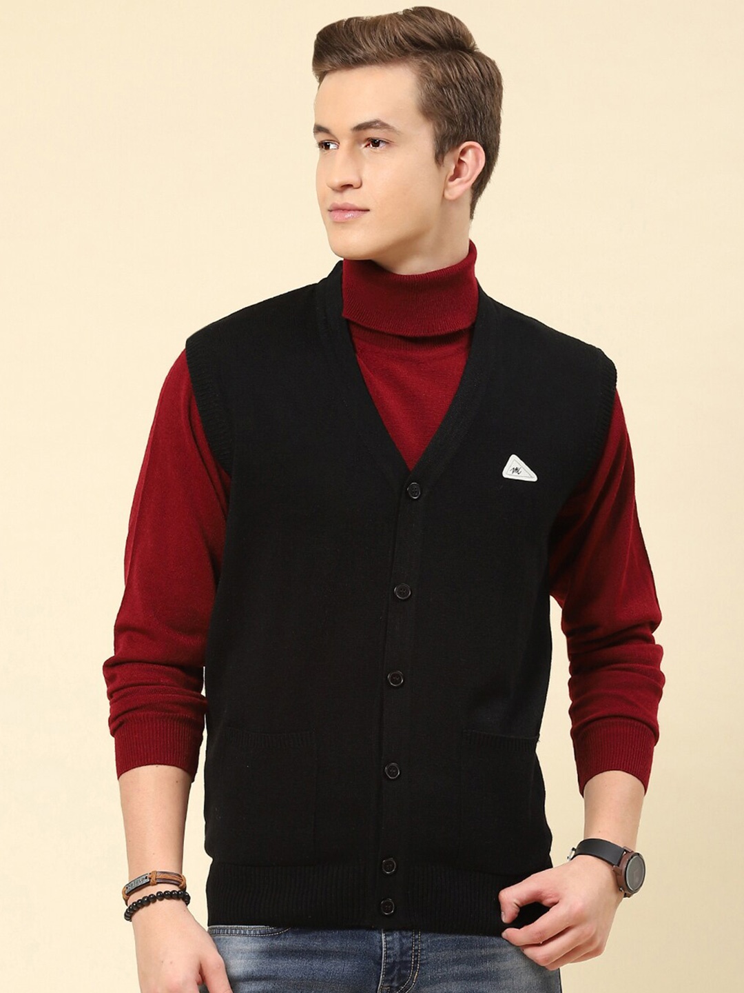

Monte Carlo V- Neck Ribbed Woollen Cardigan, Black