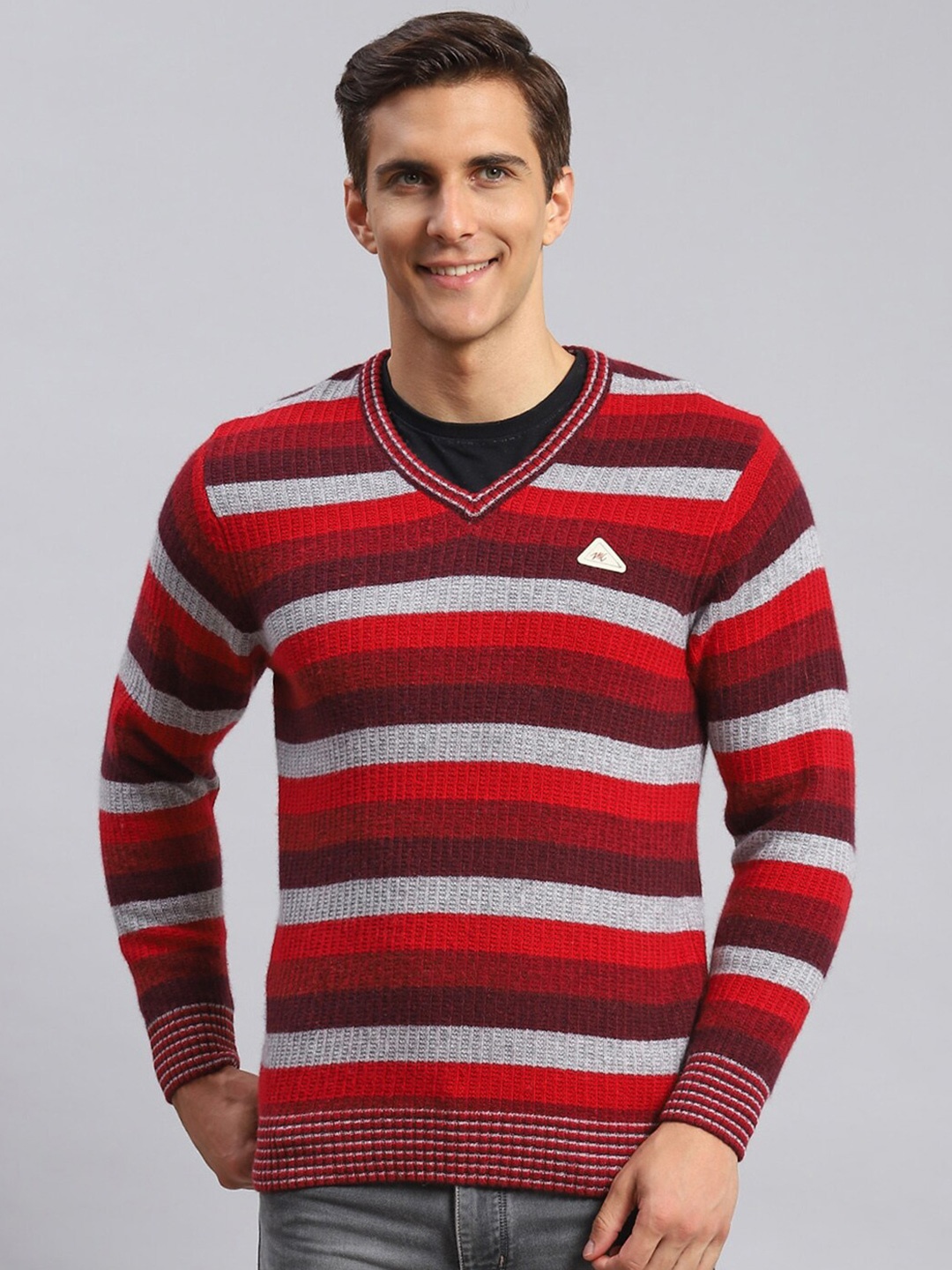 

Monte Carlo V-Neck Striped Woollen Pullover, Red