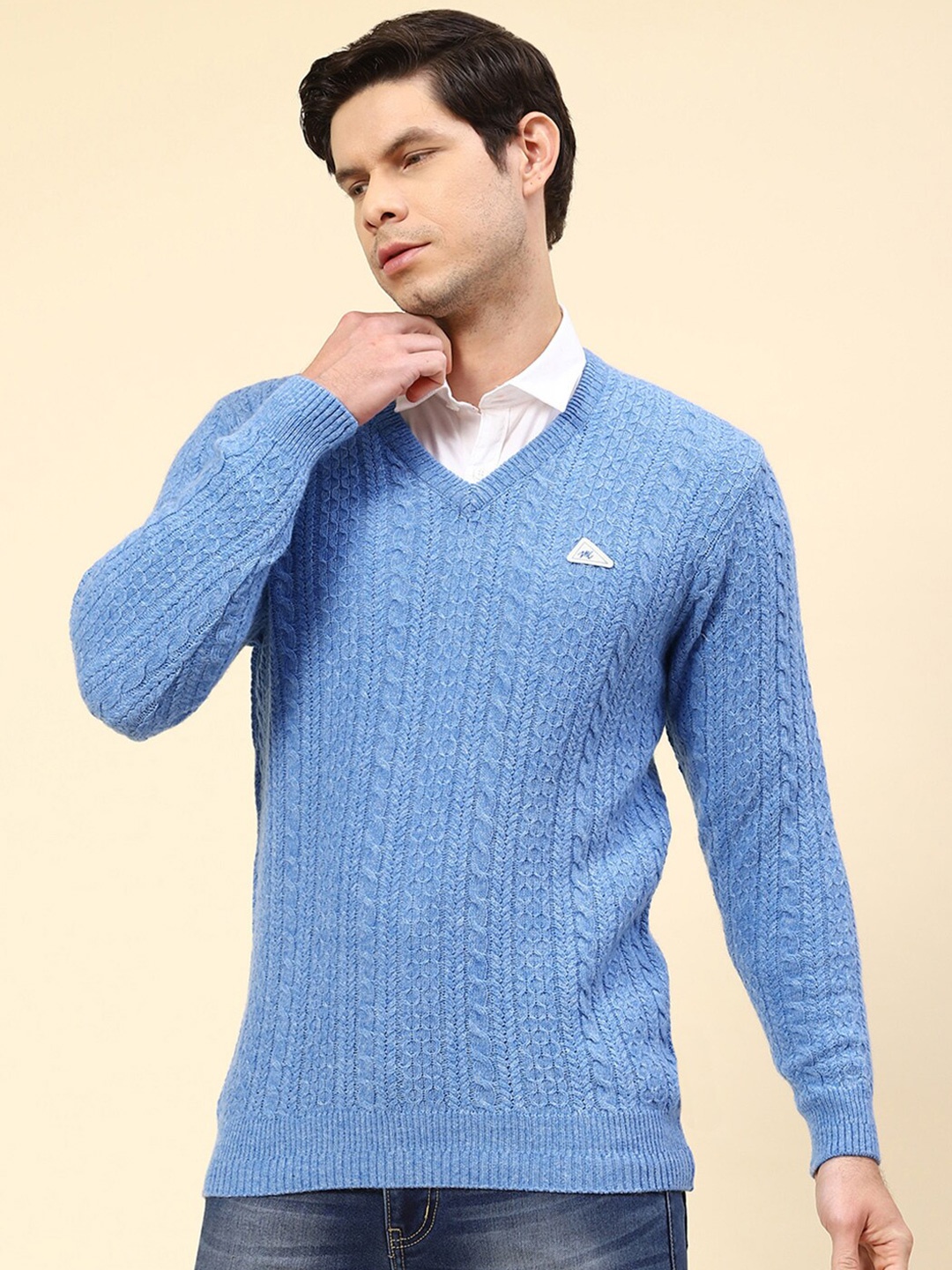 

Monte Carlo V-Neck Cable Knit Woollen Pullover, Blue