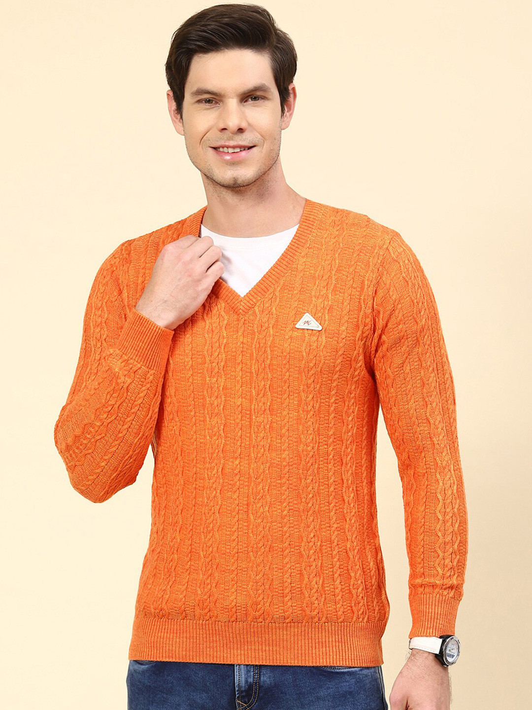 

Monte Carlo V-Neck Cable Knit Ribbed Pullover, Orange