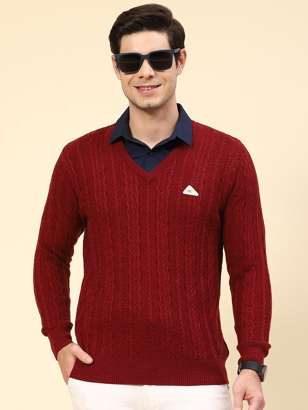 

Monte Carlo V-Neck Cable Knit Ribbed Pullover, Rust