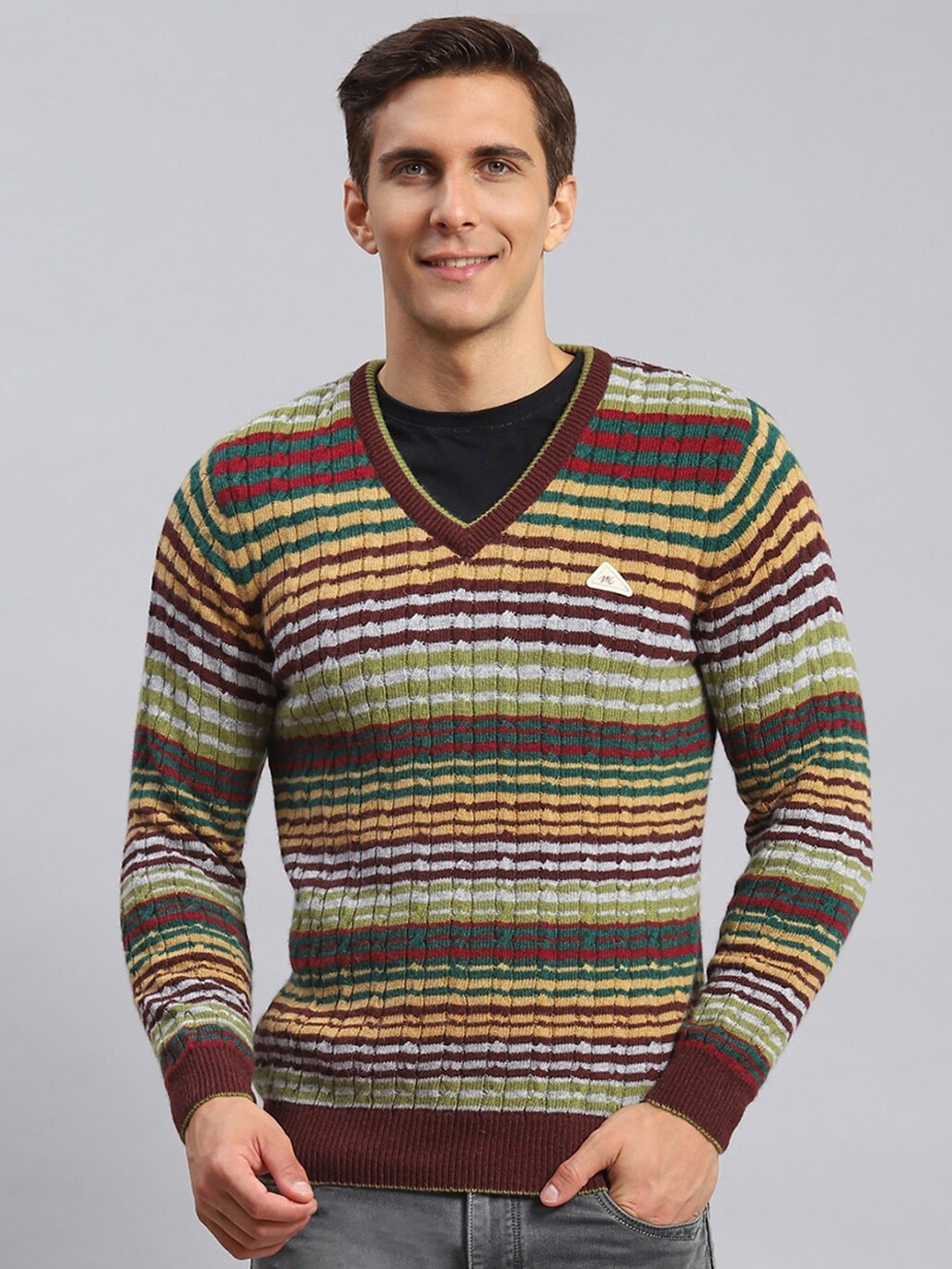 

Monte Carlo V- Neck Striped Woollen Pullover, Green