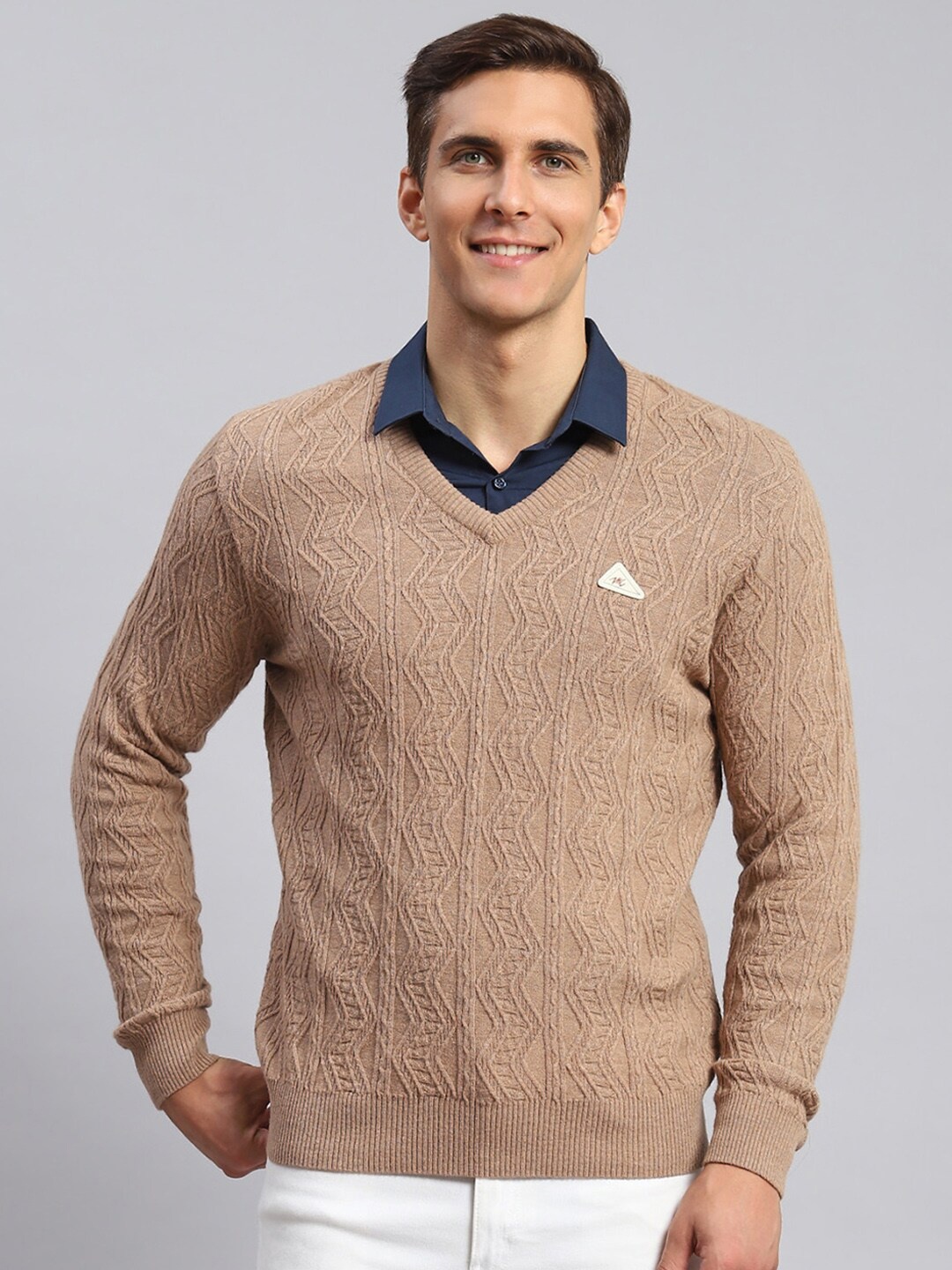 

Monte Carlo V- Neck Cable Knit Ribbed Woollen Pullover, Brown