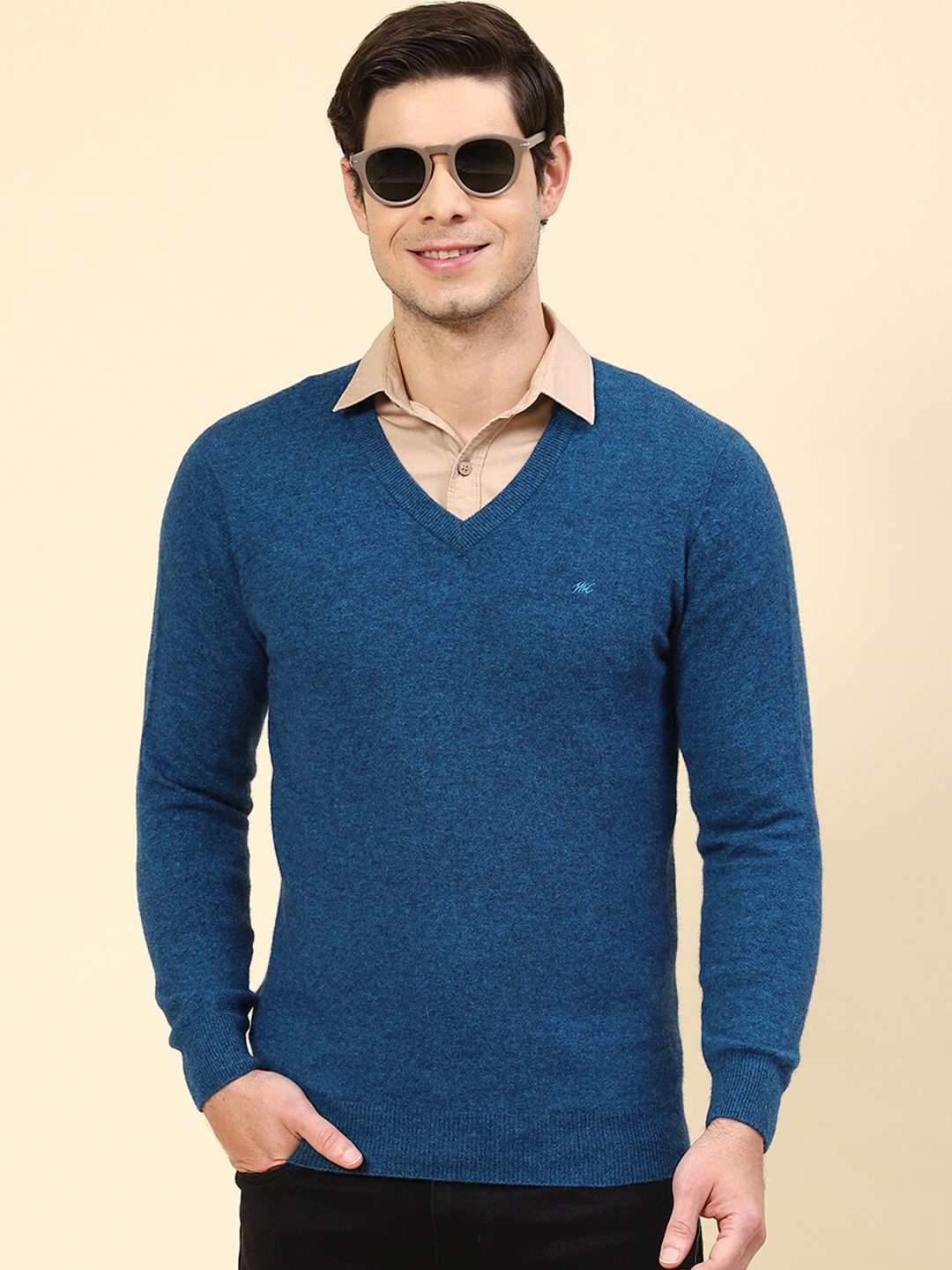 

Monte Carlo V- Neck Ribbed Woollen Pullover, Teal