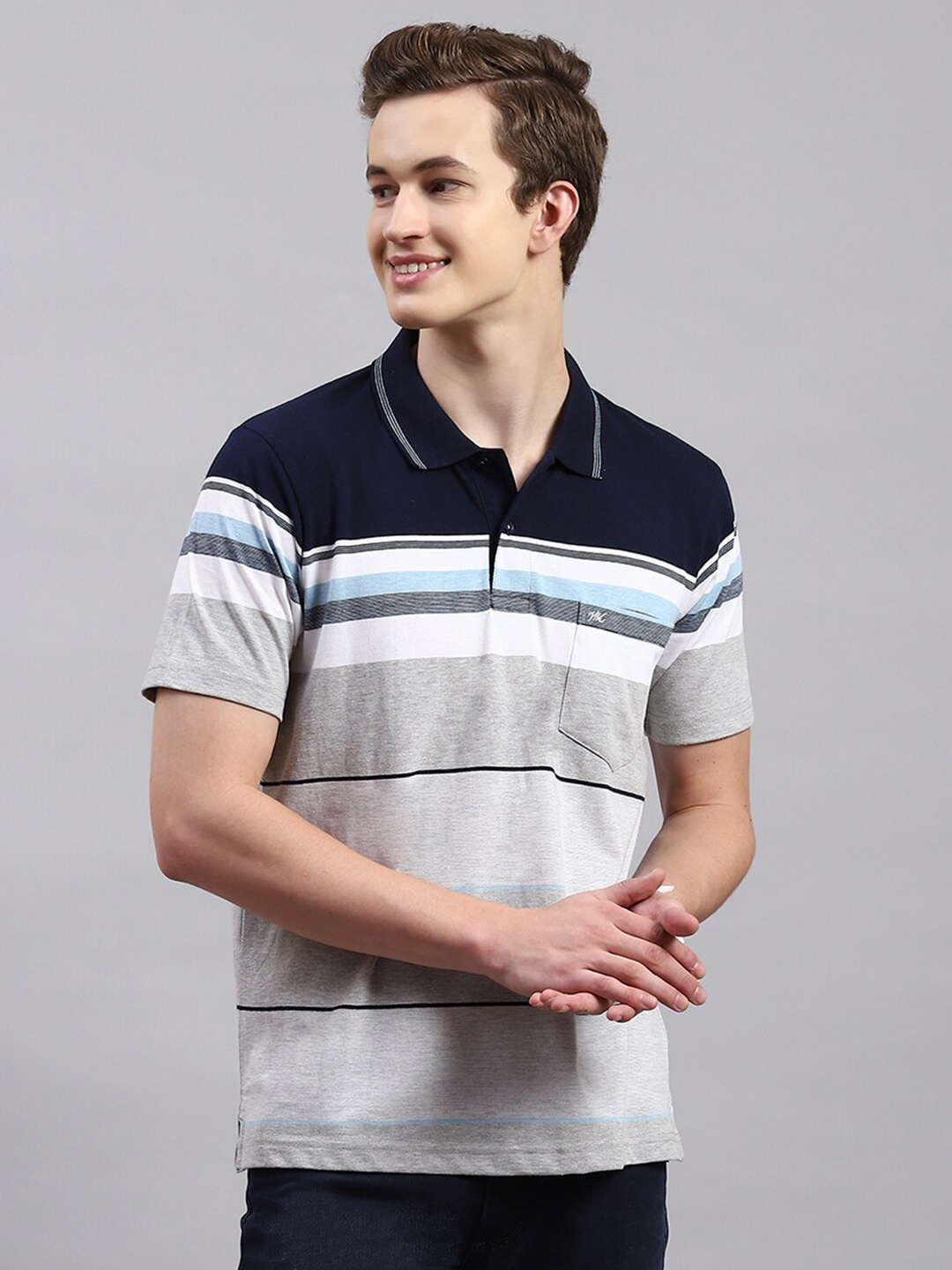 

Monte Carlo Striped Polo Collar Cotton T-Shirt, Navy blue