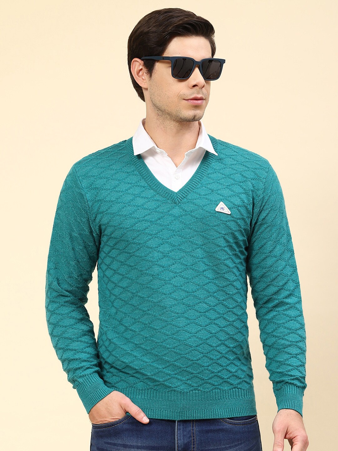 

Monte Carlo Long Sleeves V-Neck Cable Knit Woollen Pullover, Teal