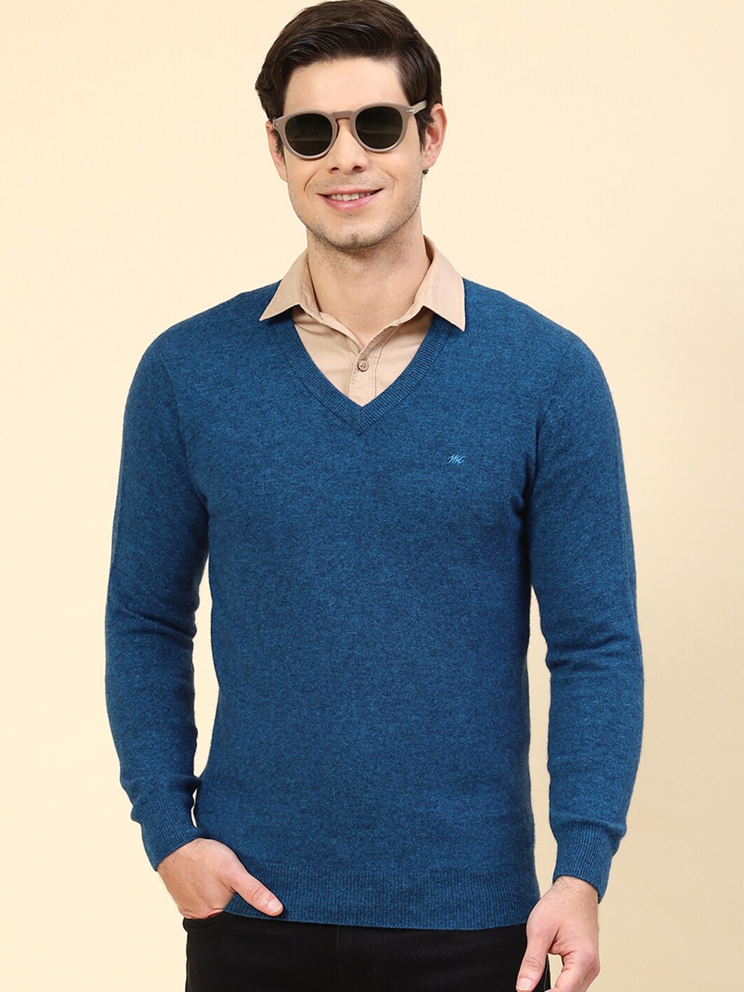 

Monte Carlo Long Sleeves V-Neck Woollen Pullover, Turquoise blue