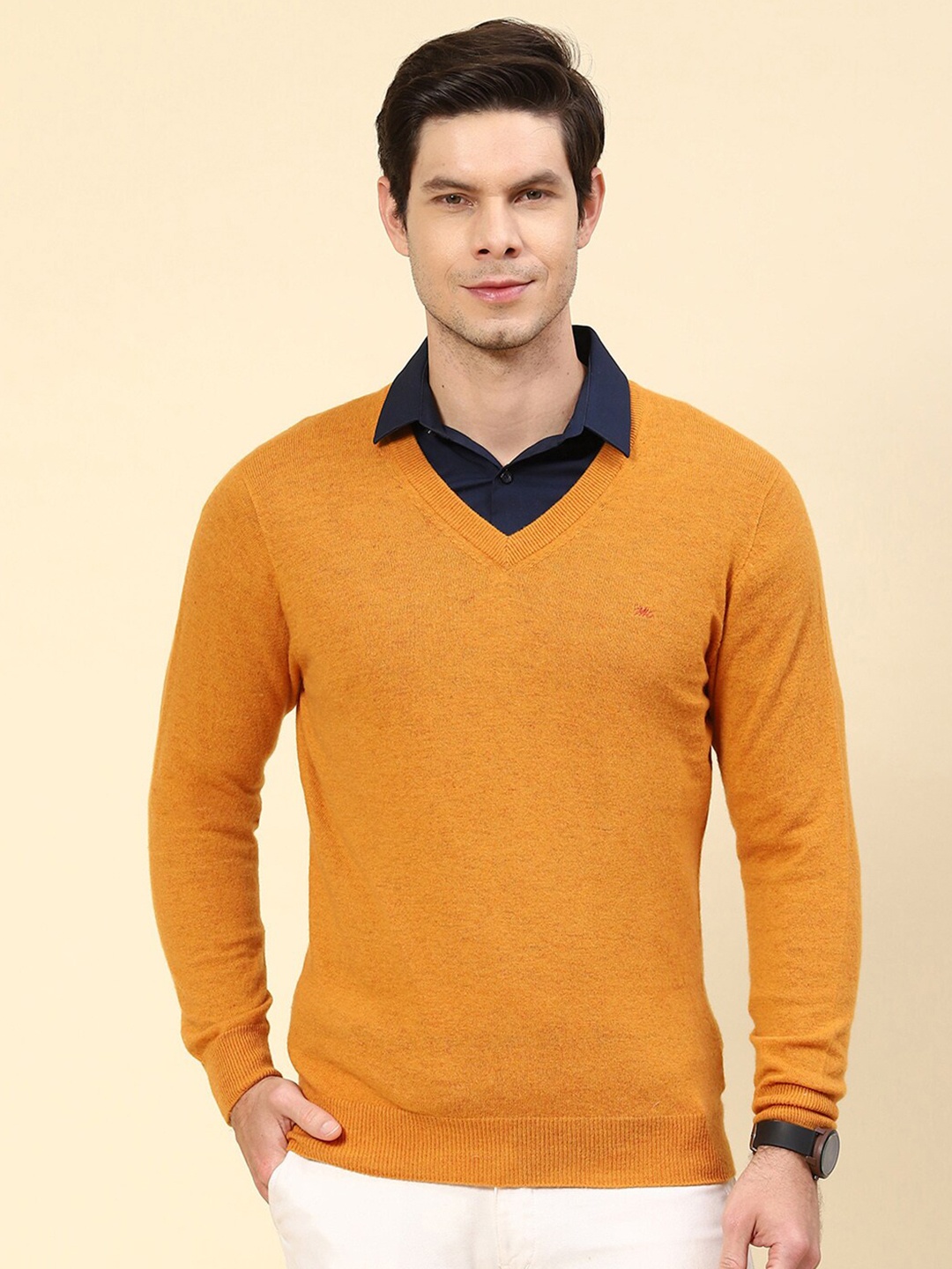 

Monte Carlo Long Sleeves V-Neck Woollen Pullover, Mustard