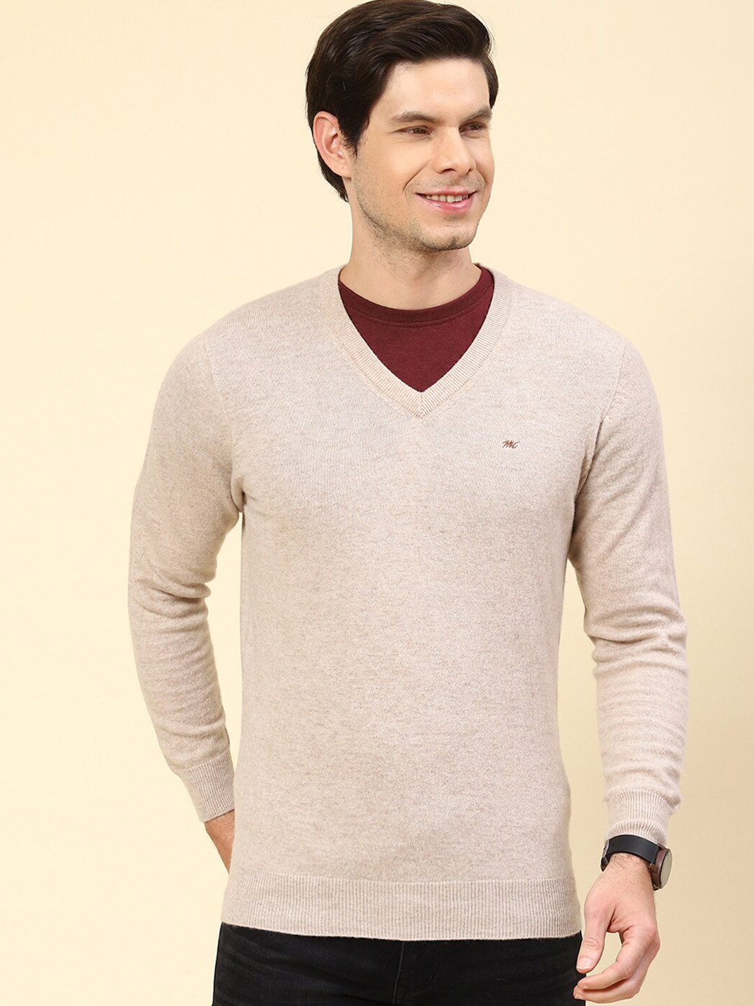 

Monte Carlo Long Sleeves V-Neck Woollen Pullover, Camel brown