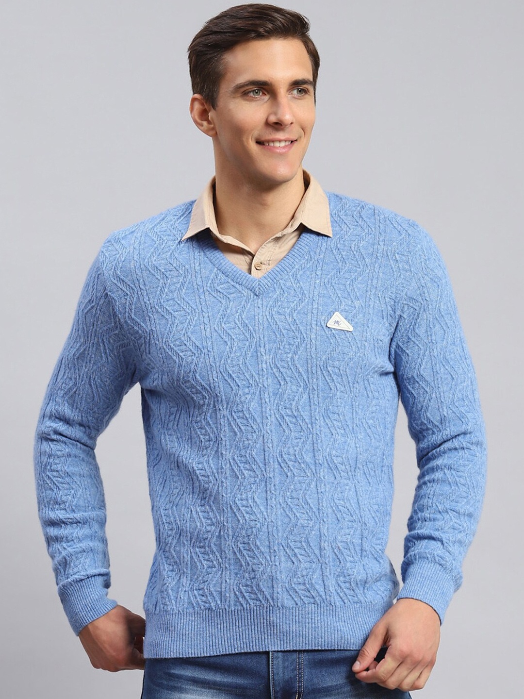 

Monte Carlo Long Sleeves V-Neck Cable Knit Woollen Pullover, Blue