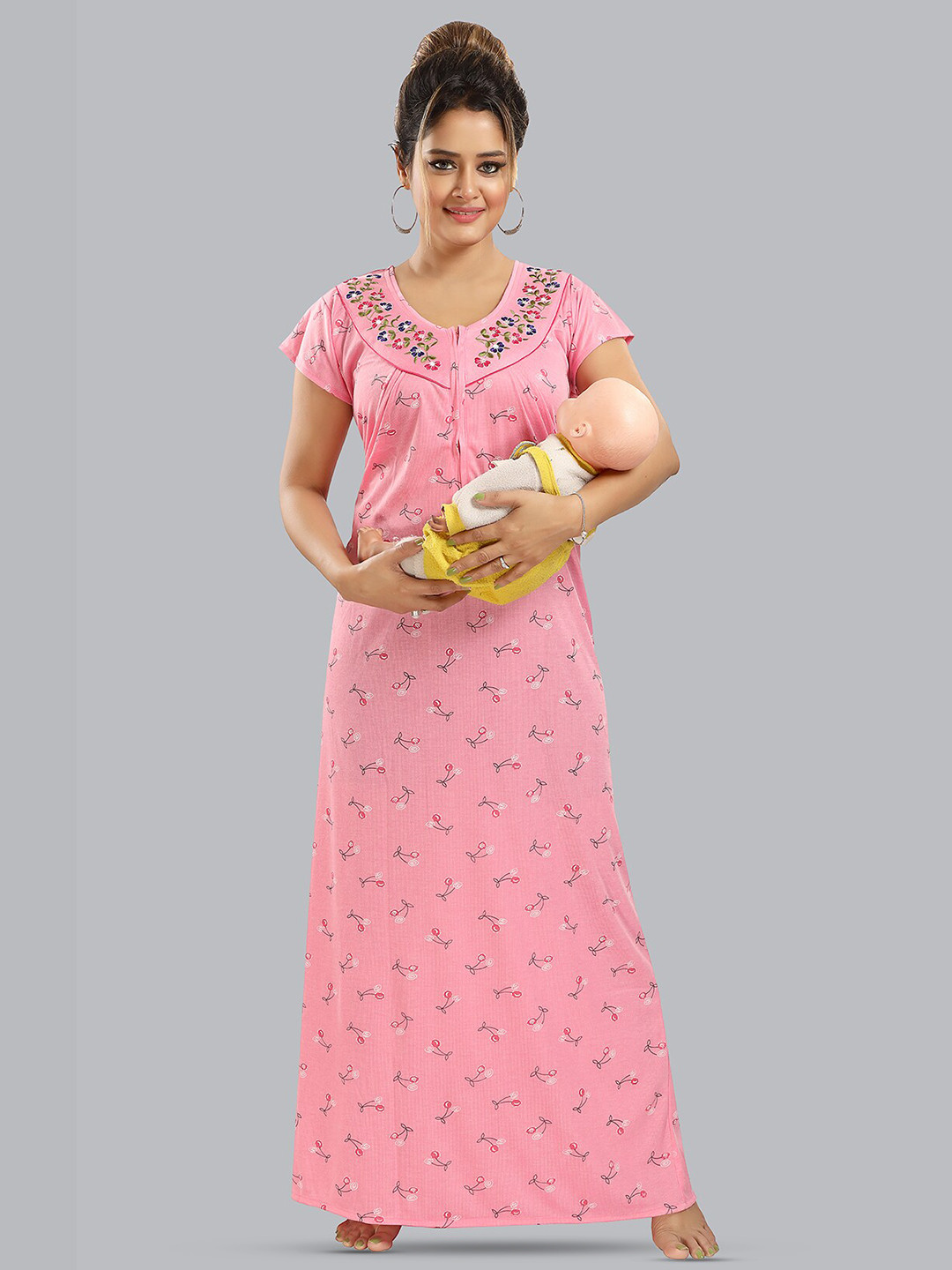 

FOMTI Floral Printed Maxi Pure Cotton Maternity Nightdress, Pink