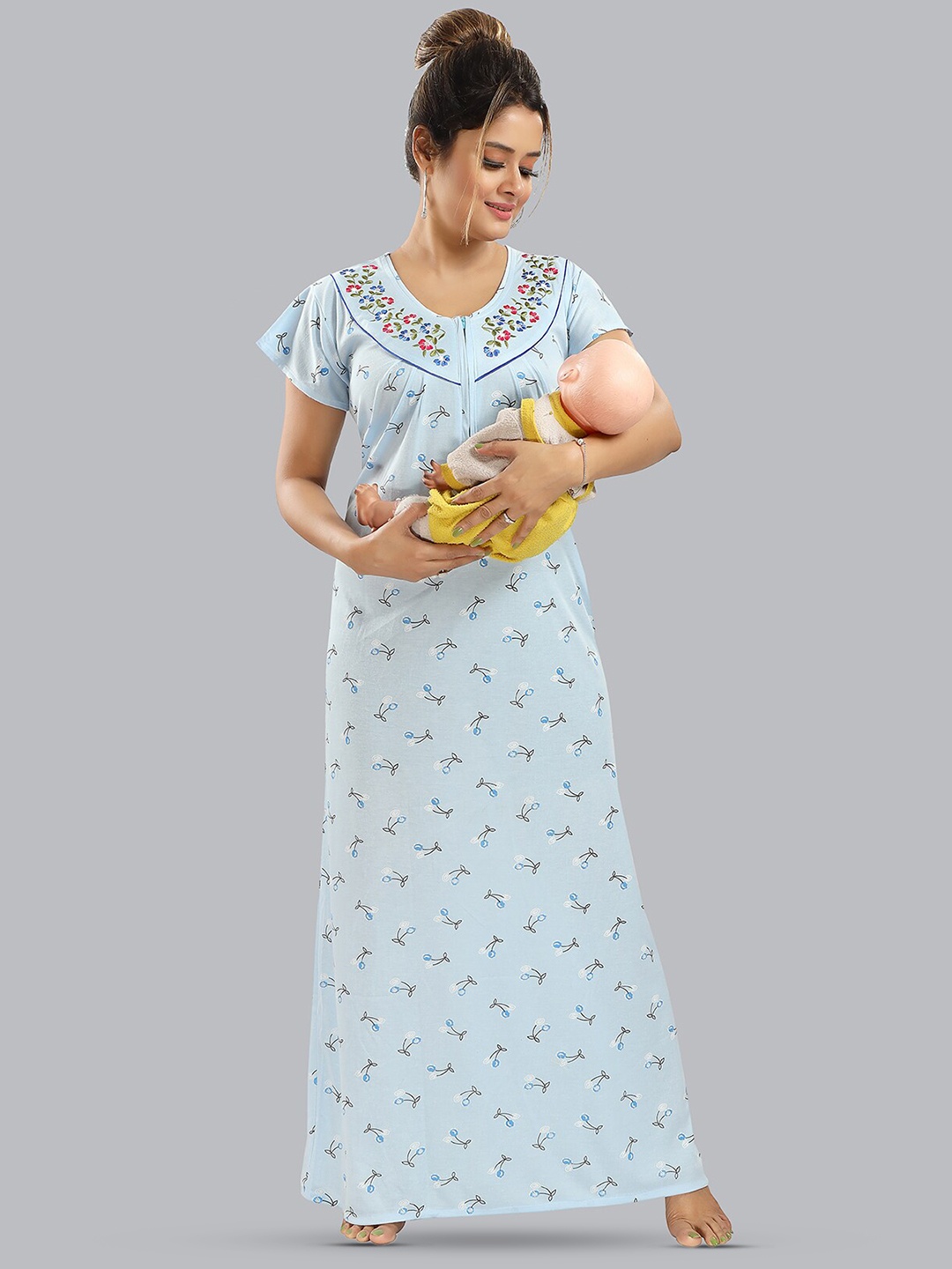 

FOMTI Conversational Printed Pure Cotton Feeding Maternity Maxi Nightdress, Blue