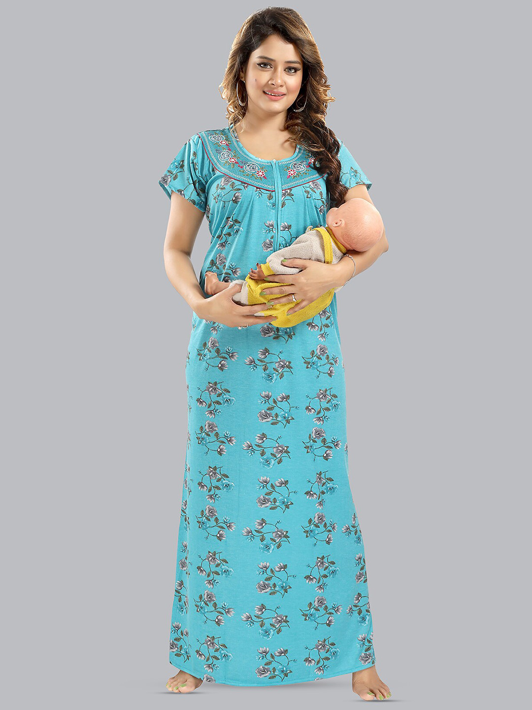 

FOMTI Floral Printed Pure Cotton Feeding Maternity Maxi Nightdress, Blue