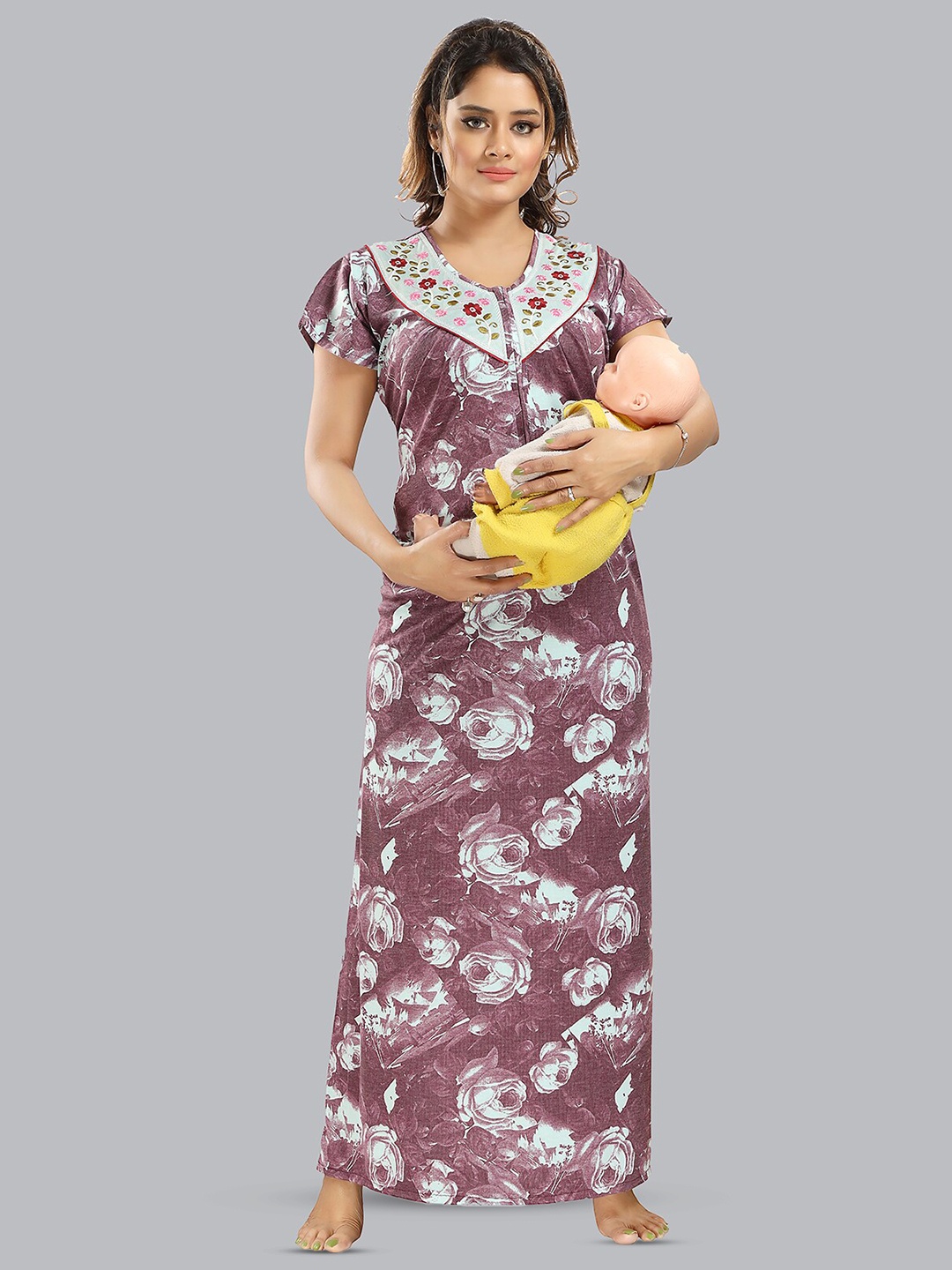 

FOMTI Floral Printed Pure Cotton Feeding Maternity Maxi Nightdress, Brown