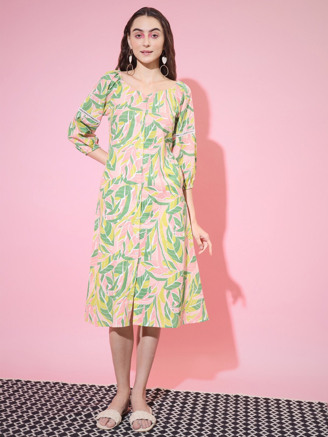 

DressBerry Green Floral Printed Cotton A-Line Midi Dress, Pink
