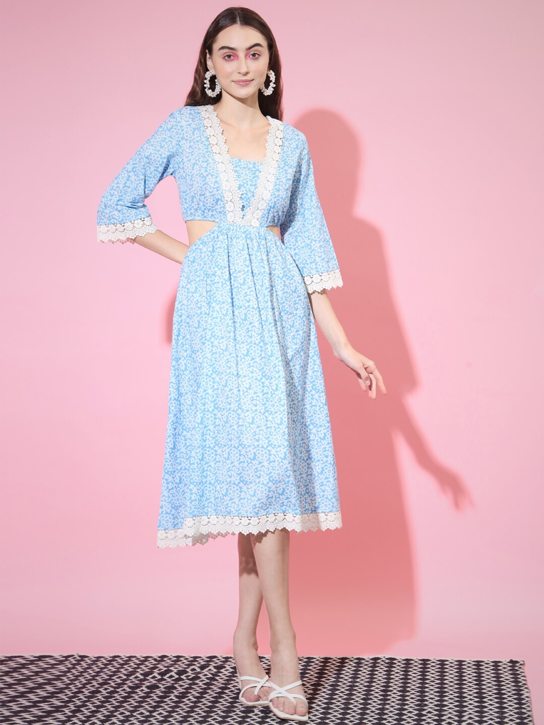 

DressBerry Blue Floral Printed V-Neck Lace Inserts Pure Cotton Fit & Flare Midi Dress