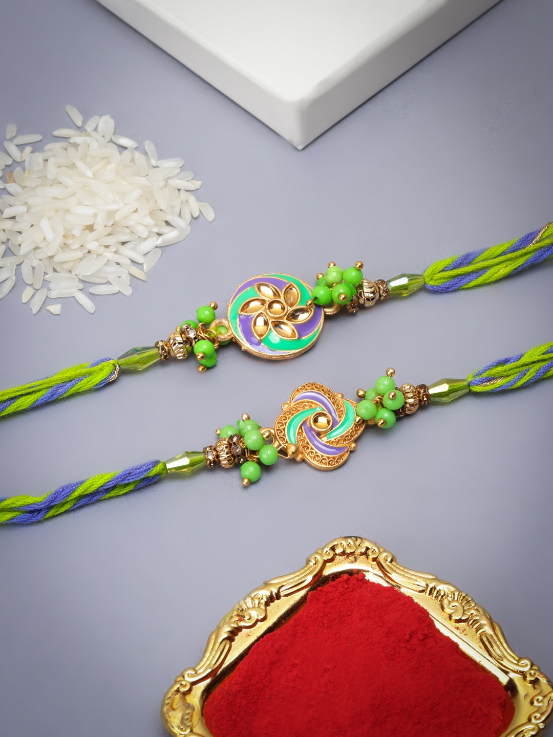 

The Purple Tree Men Set Of 2 Beaded Thread Rakhis, Green