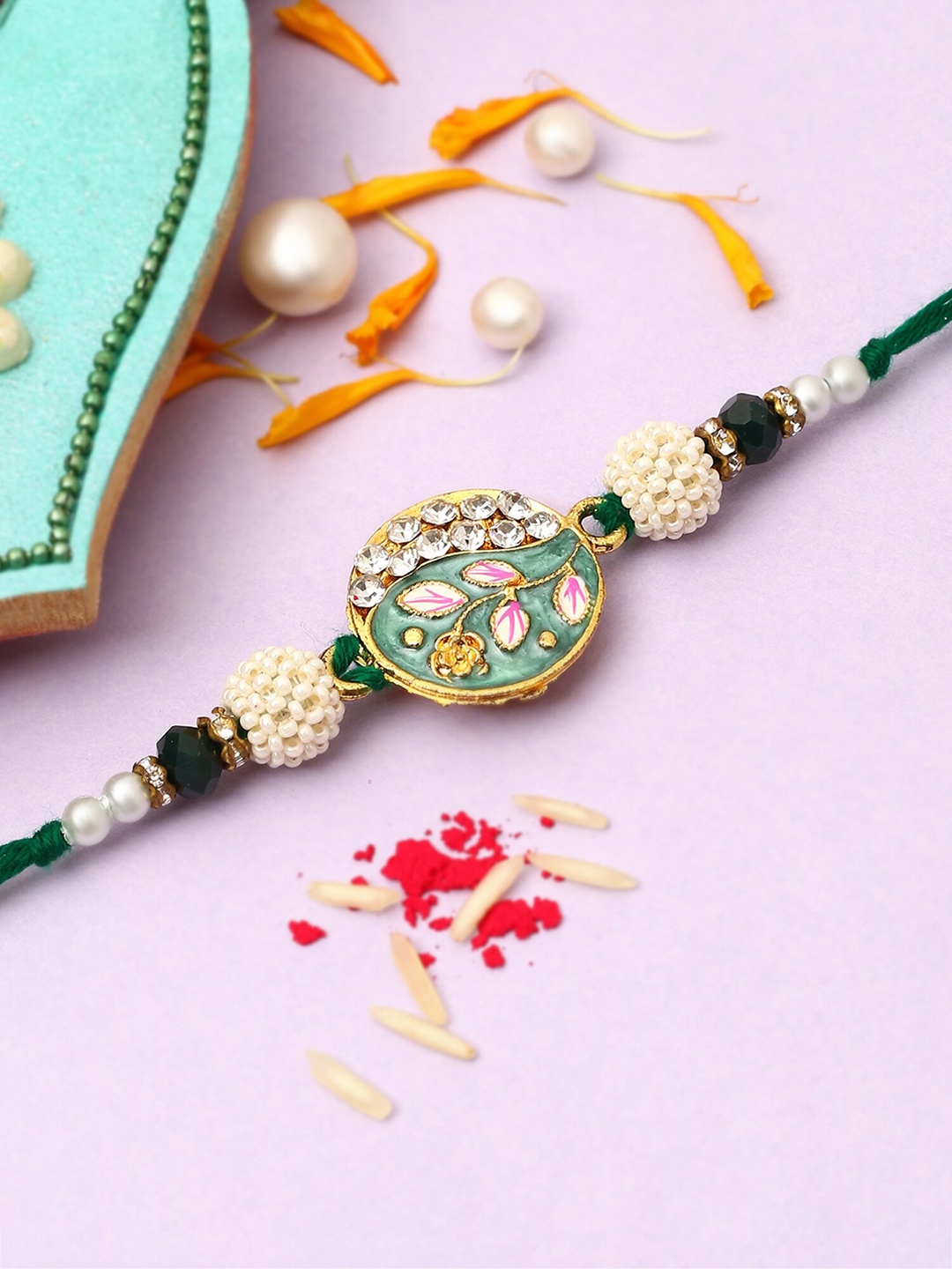 

The Purple Tree Men Floral Charm Beaded Thread Rakhi, Green