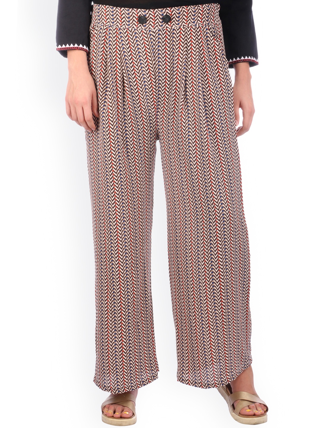 

shiloh Women Cream-Coloured & Brown Printed Straight Palazzos