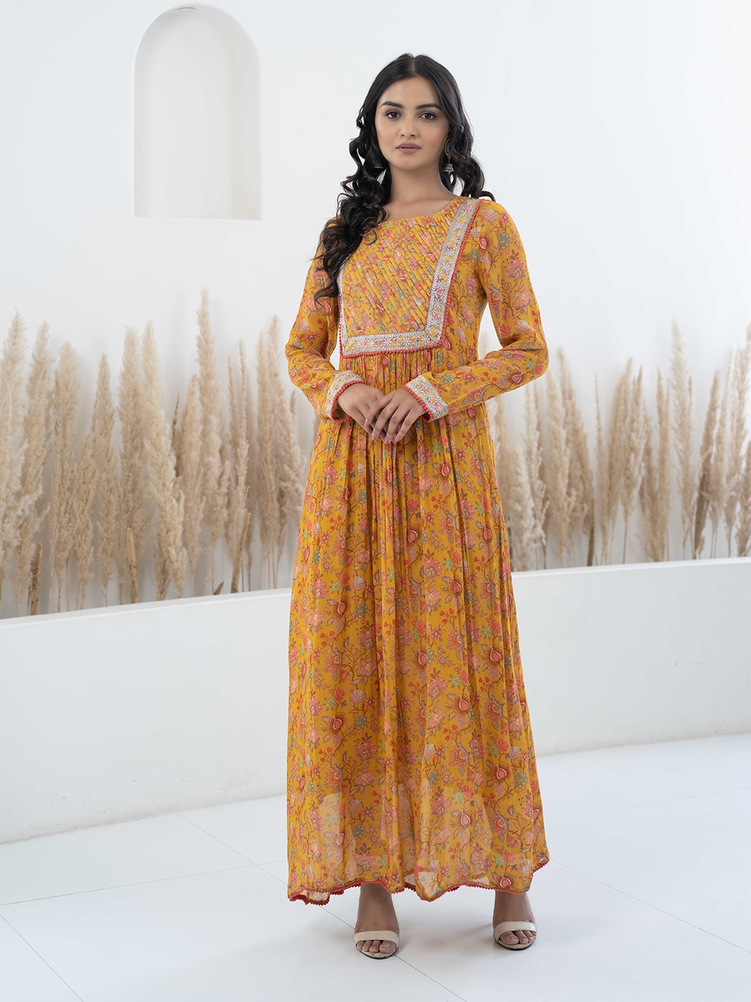 

DressBerry Mustard Yellow Floral Print Georgette Maxi Dress