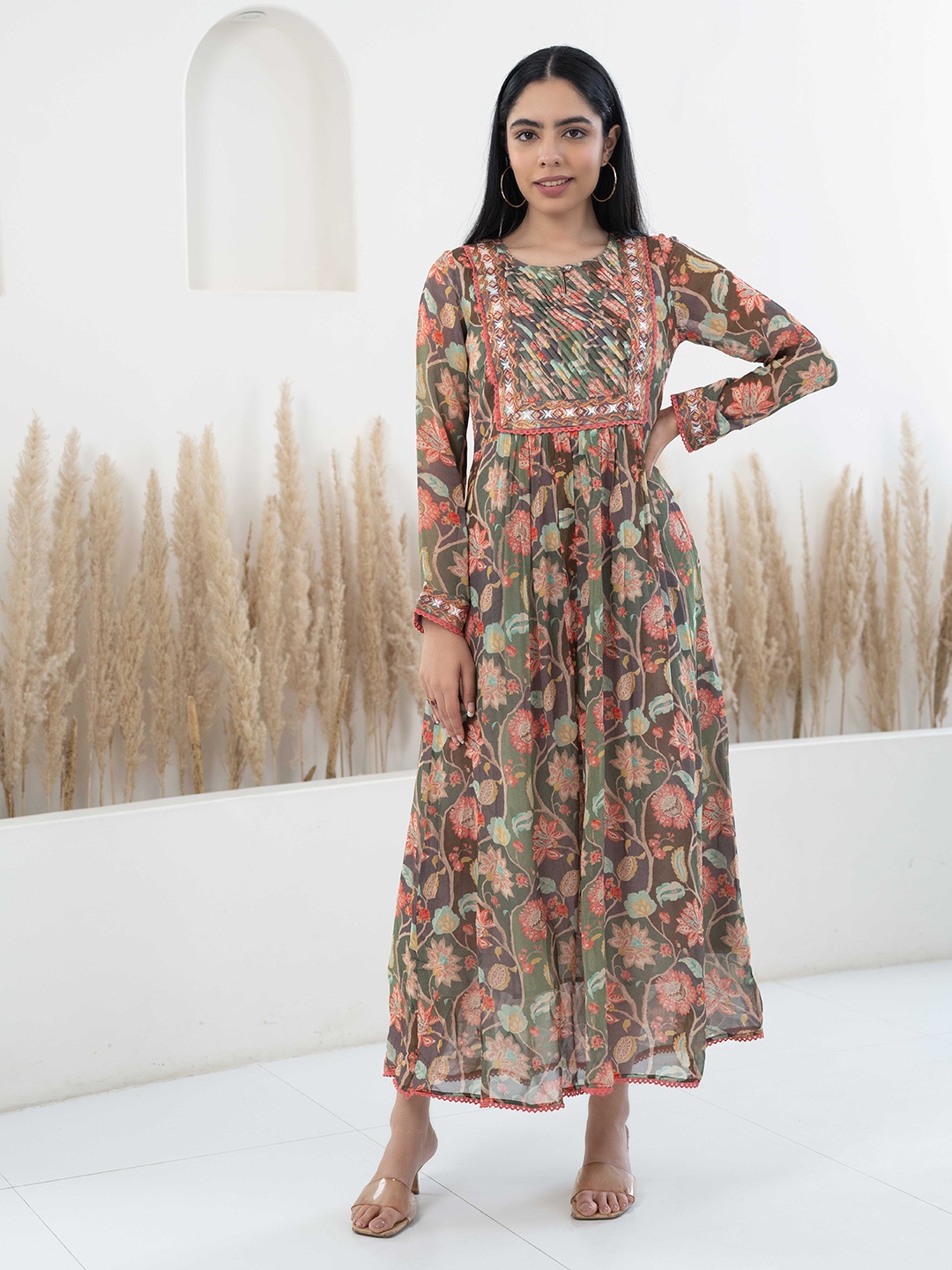 

DressBerry Multicoloured Floral Print Georgette A-Line Maxi Dress, Multi
