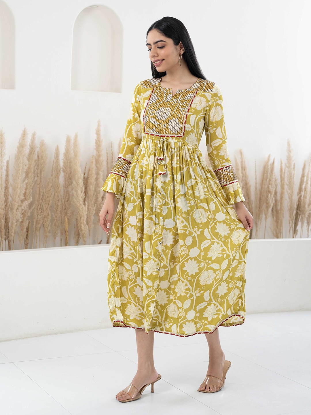 

DressBerry Mustard Yellow Floral Print A-Line Midi Dress