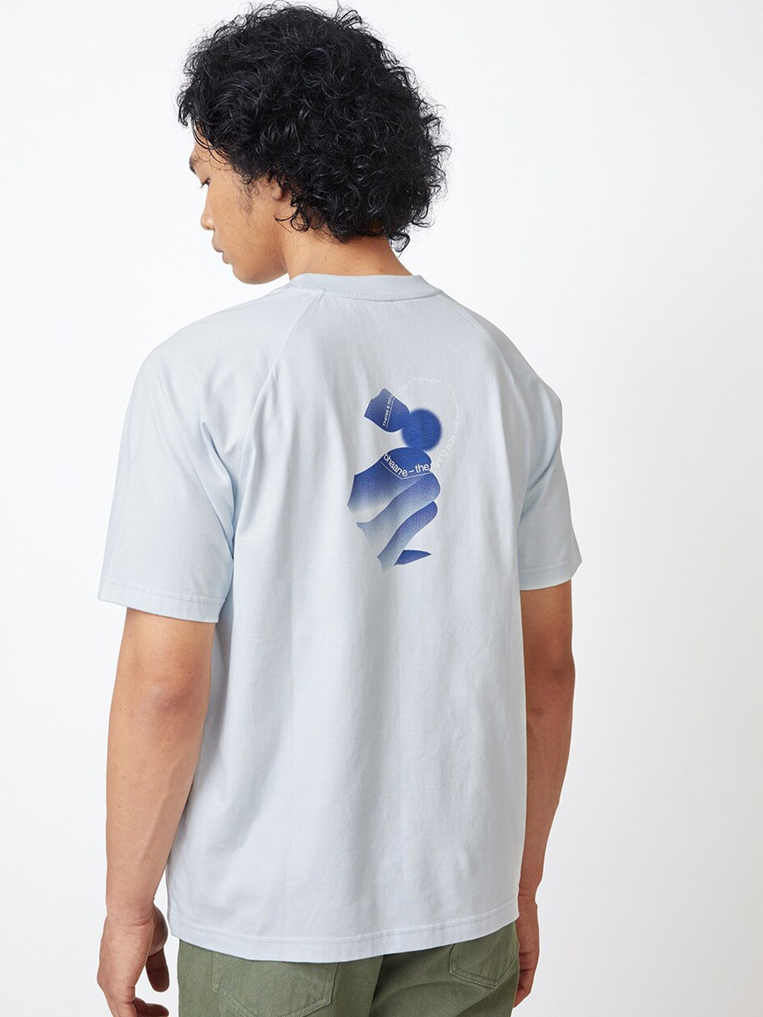 

Bhaane Graphic Printed Relaxed Fit Raglan Sleeves Pure Cotton T-shirt, Blue