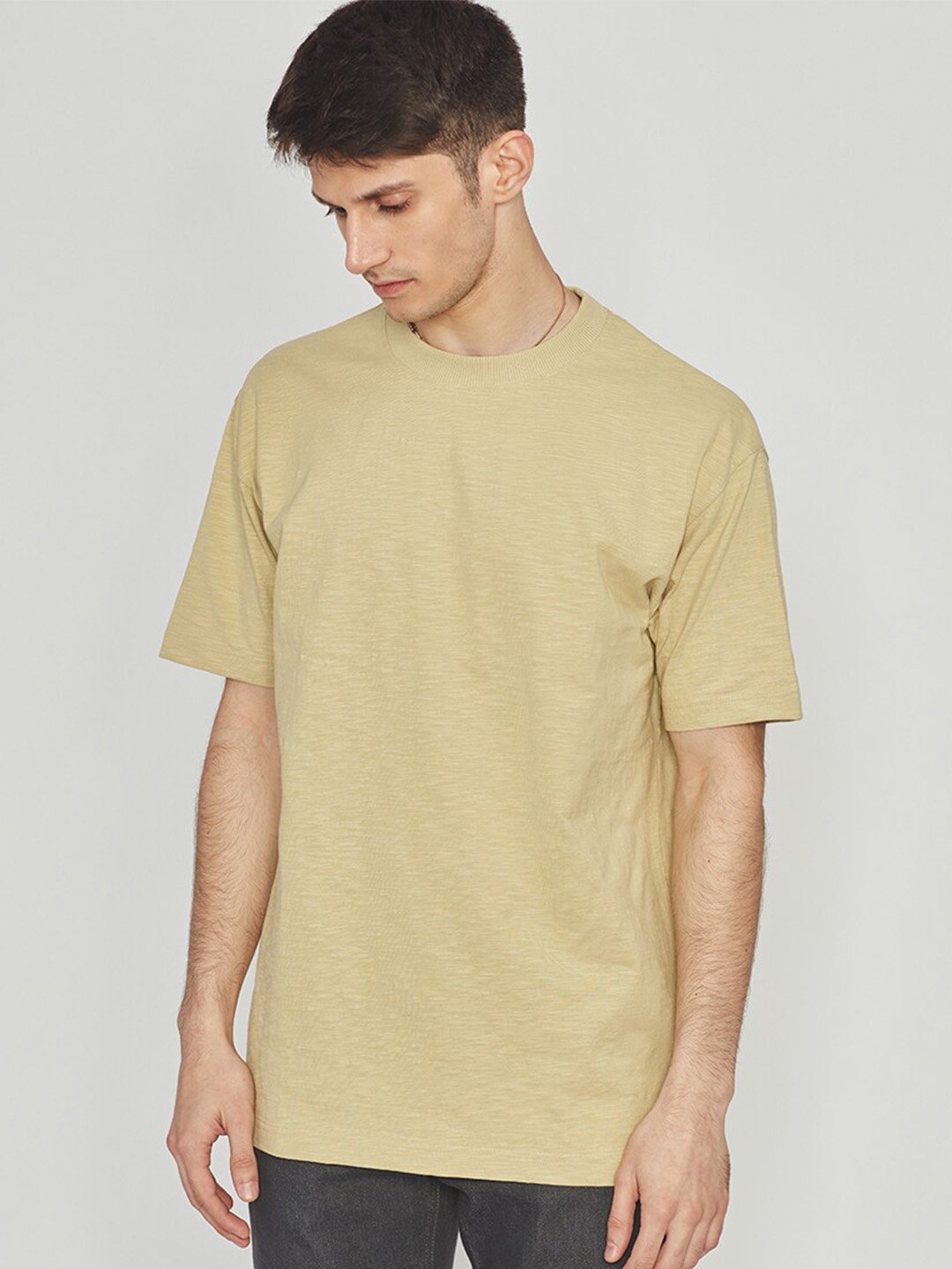 

Bhaane Round Neck Drop-Shoulder Pure Cotton T-shirt, Beige