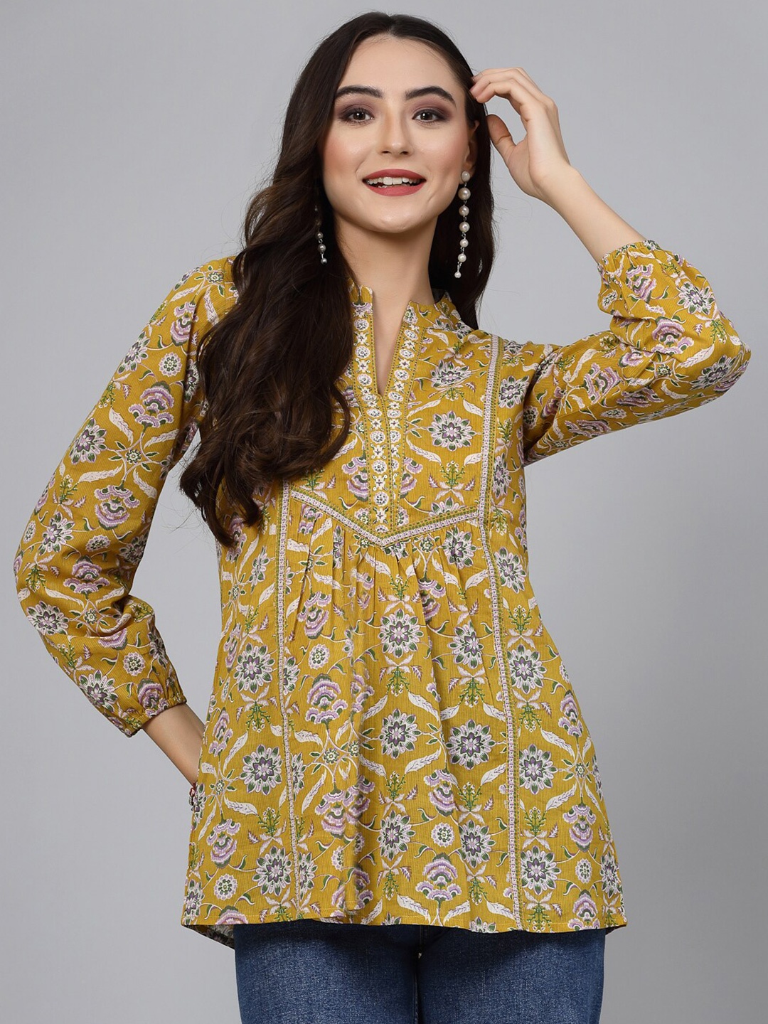 

QOMN Ethnic Motifs Printed Mandarin Collar Pure Cotton Top, Mustard