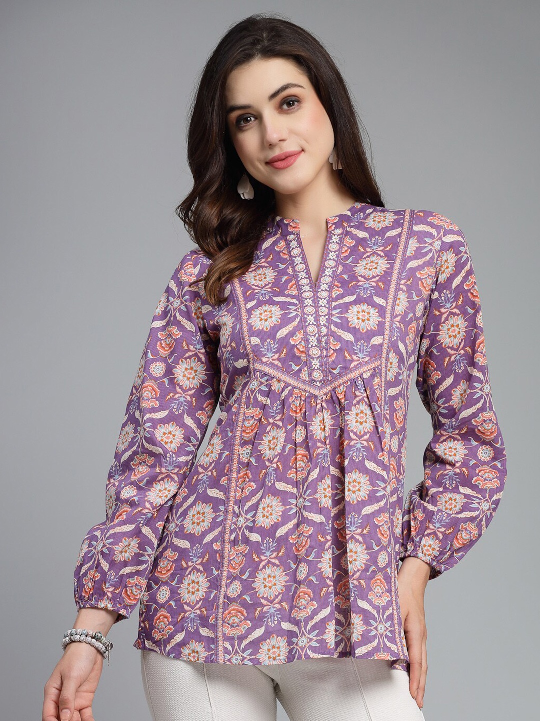 

QOMN Ethnic Motifs Printed Mandarin Collar Pure Cotton Top, Purple