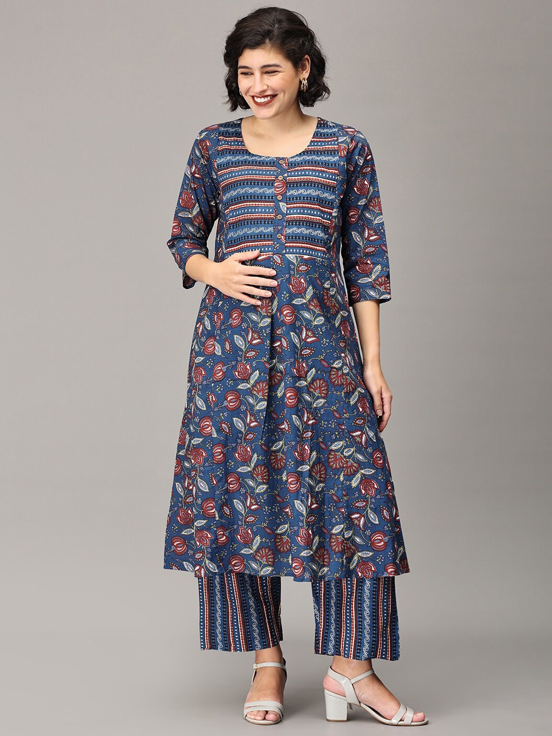 

The Mom Store Floral Printed Pure Cotton Feeding Maternity A-Line Kurta With Palazzos, Navy blue