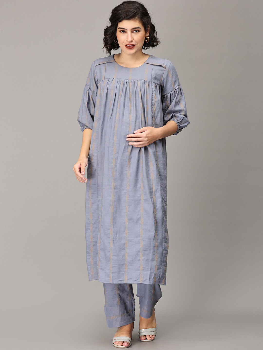 

The Mom Store Striped Puff Sleeve Pleated Feeding Maternity A-Line Kurta With Trousers, Grey