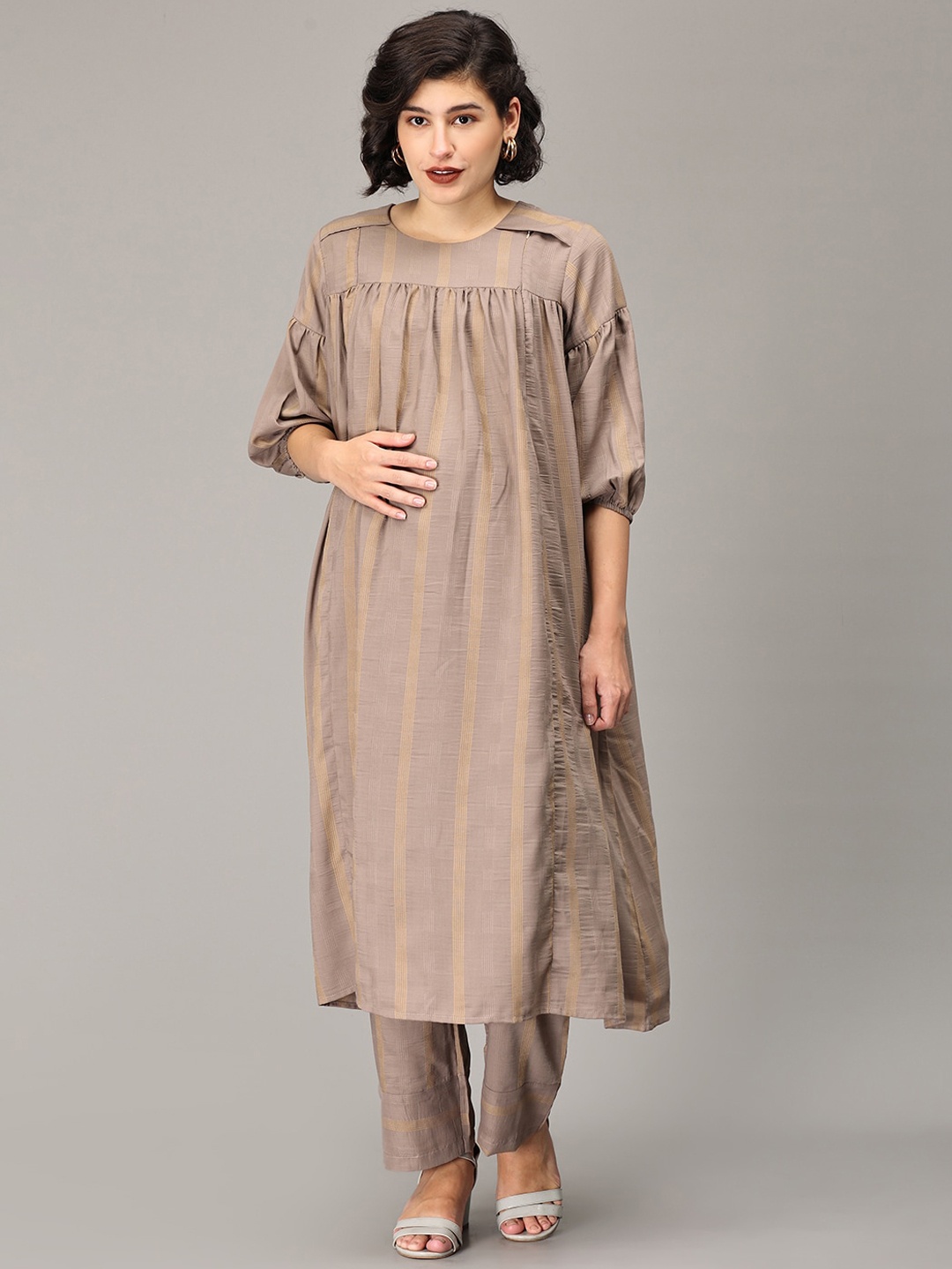

The Mom Store Striped Puff Sleeve Pleated Feeding Maternity A-Line Kurta With Trousers, Taupe