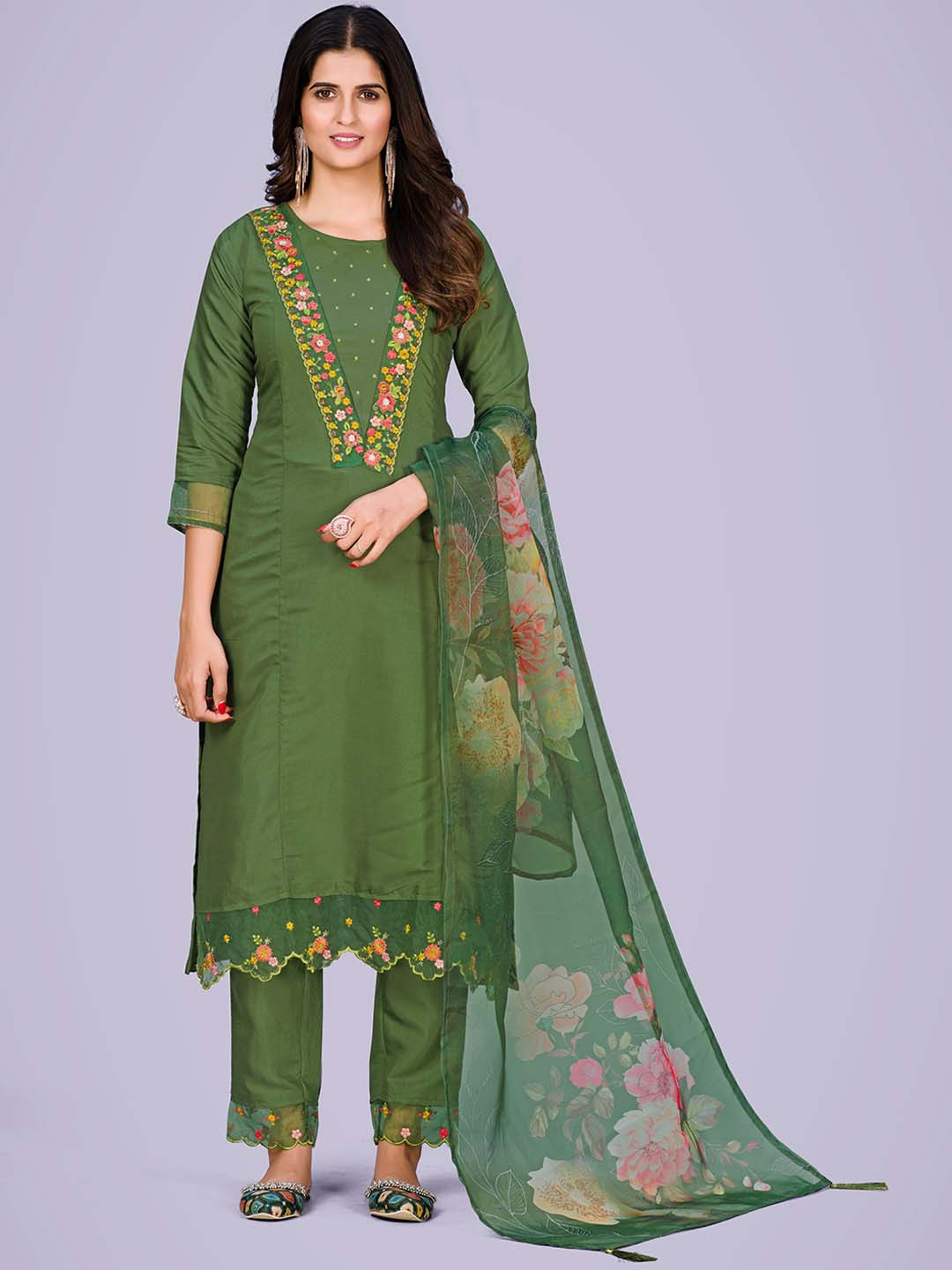 

KALINI Floral Embroidered Straight Kurta & Trousers With Dupatta, Green