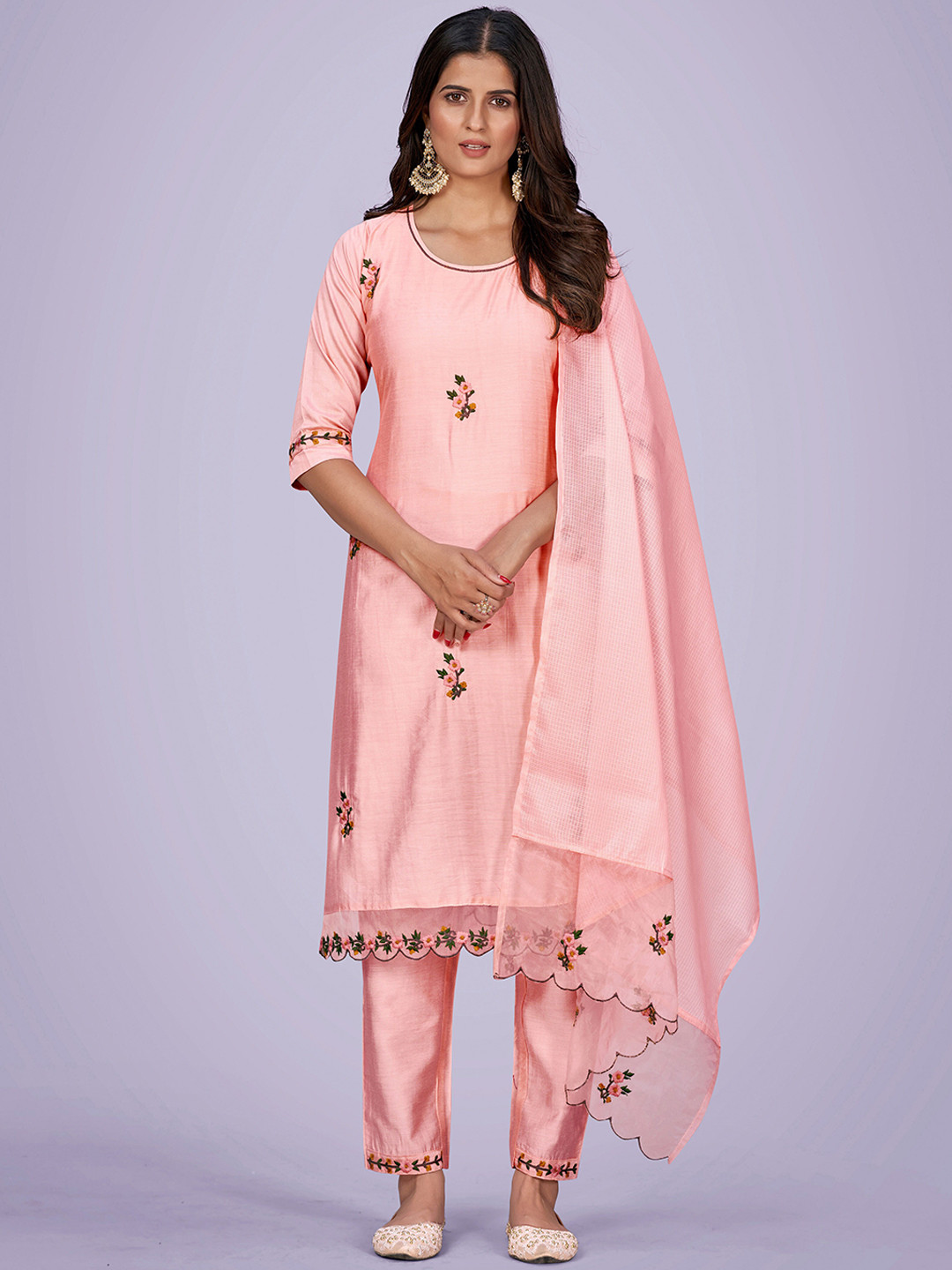 

KALINI Pink Floral Embroidered Thread Work Straight Kurta & Trousers With Dupatta