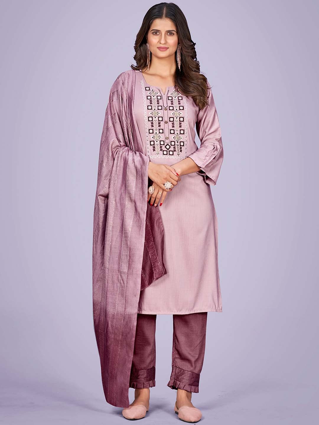 

KALINI Floral Embroidered Thread Work Chanderi Silk Straight Kurta & Trousers With Dupatta, Purple