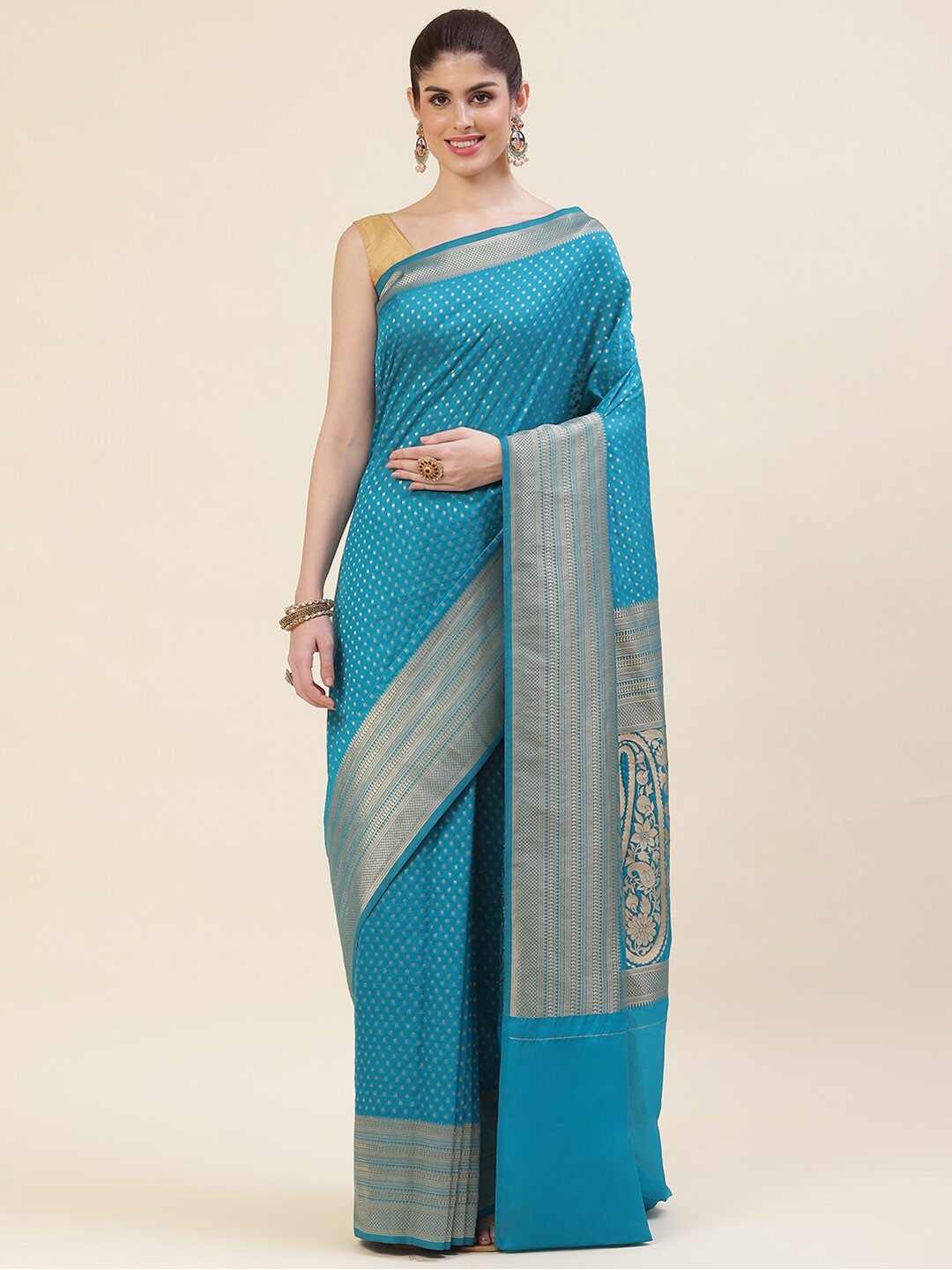 

Meena Bazaar Polka Dot Woven Design Zari Art Silk Saree, Blue