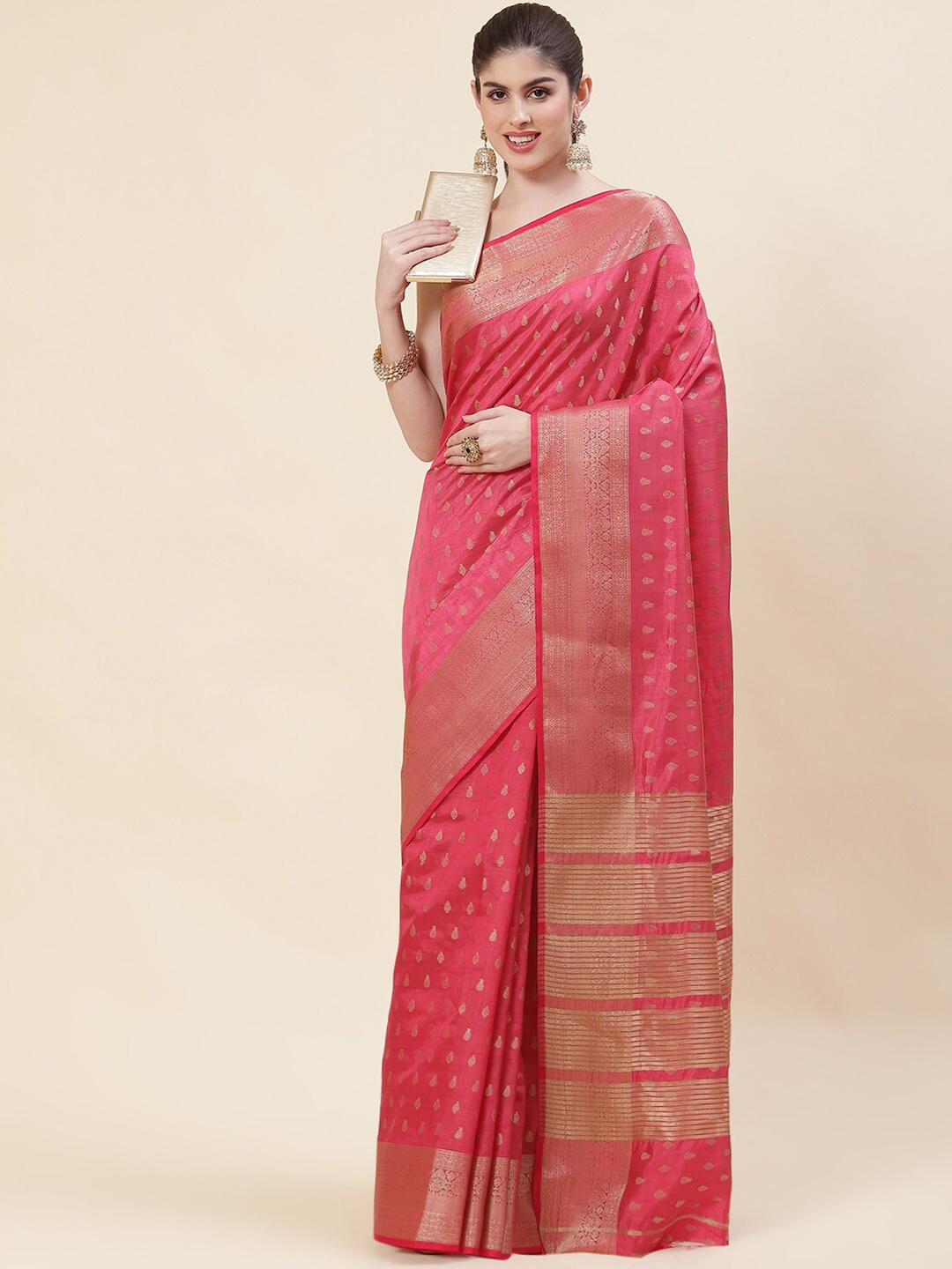 

Meena Bazaar Ethnic Motifs Woven Design Zari Art Silk Saree, Pink